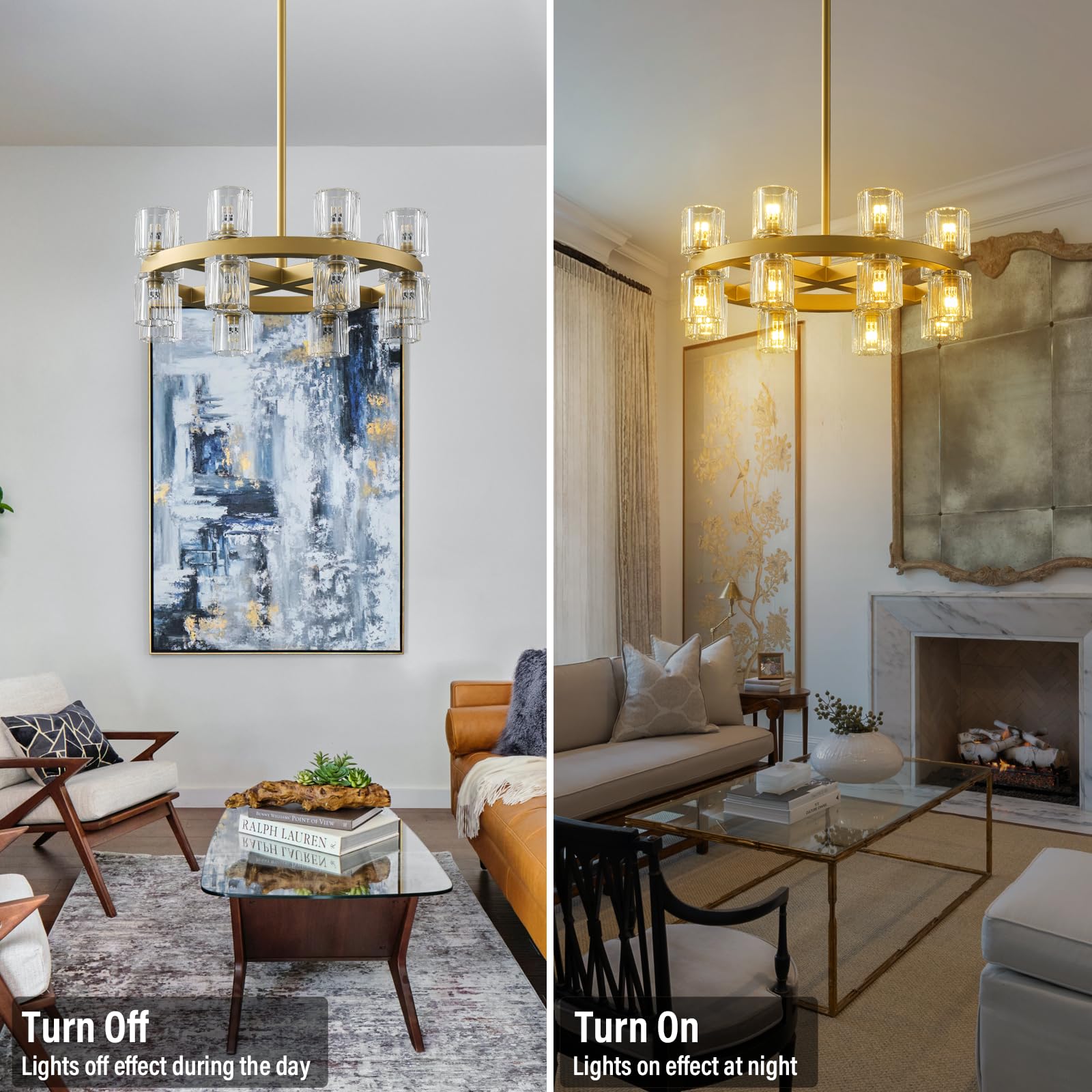 Modern 36" Gold Round Chandelier Light Fixture, K9 Crystal Chandeliers for Dining Room, Living Room, Dining Room Chandeliers Over Table, Chandelier for Bedroom, Foyer, Includes 36XG4 Bulbs - Camilalamps - B0CRGK6RHV