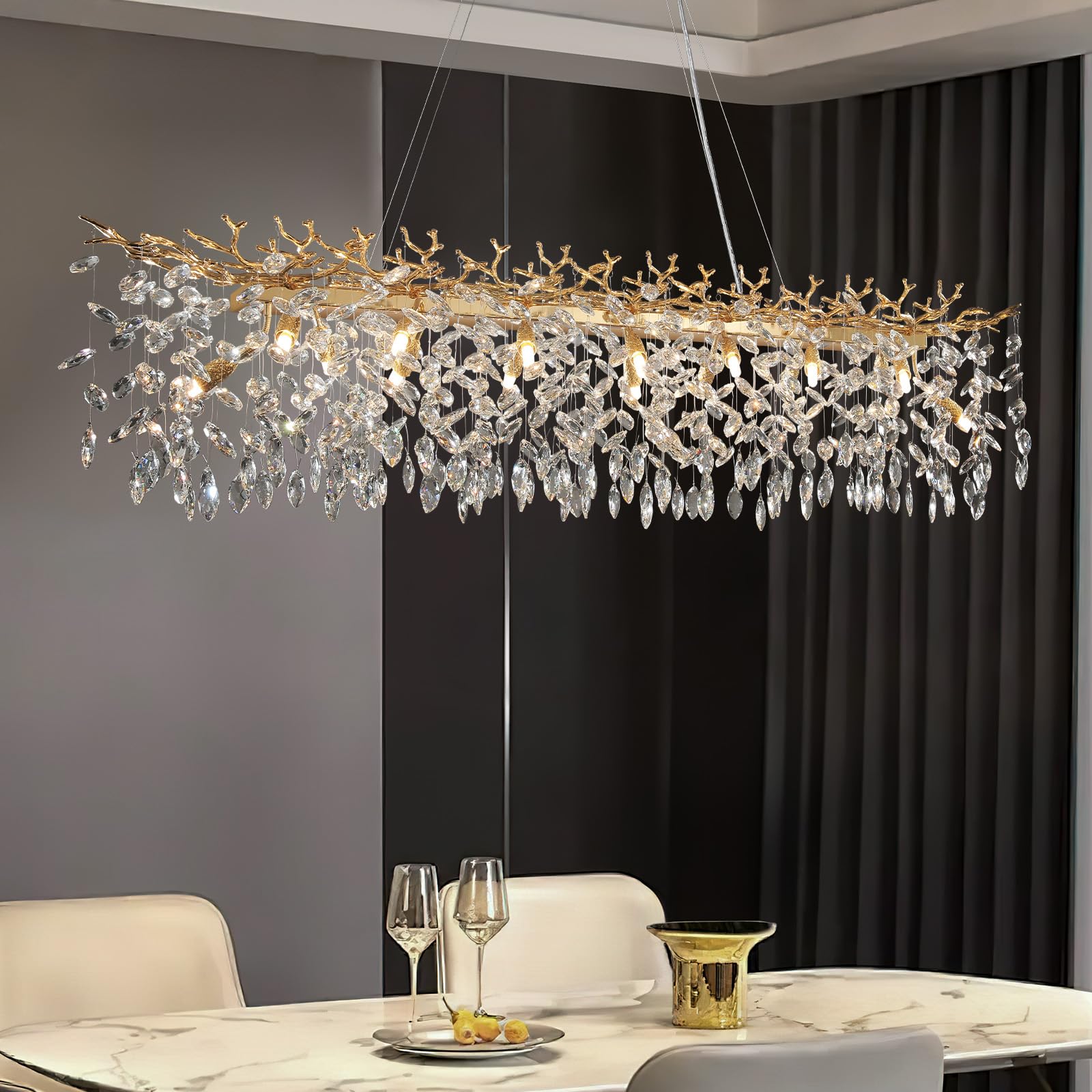 Crystal Chandeliers for Dining Room, 63" Modern Gold Tree Branch Chandelier, 15 - Lights Luxury Rectangular Raindrop Chandelier Light Fixture for Kitchen Island, Living Room, Foyer, High Ceiling - Camilalamps - B0BXNB4WRN