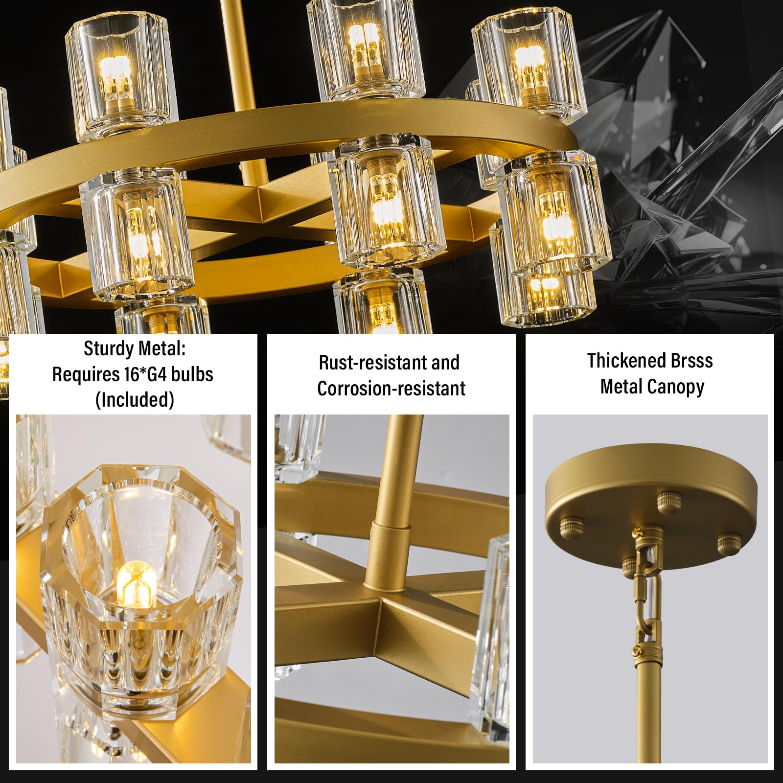 Modern 36" Gold Round Chandelier Light Fixture, K9 Crystal Chandeliers for Dining Room, Living Room, Dining Room Chandeliers Over Table, Chandelier for Bedroom, Foyer, Includes 36XG4 Bulbs - Camilalamps - B0CRGK6RHV