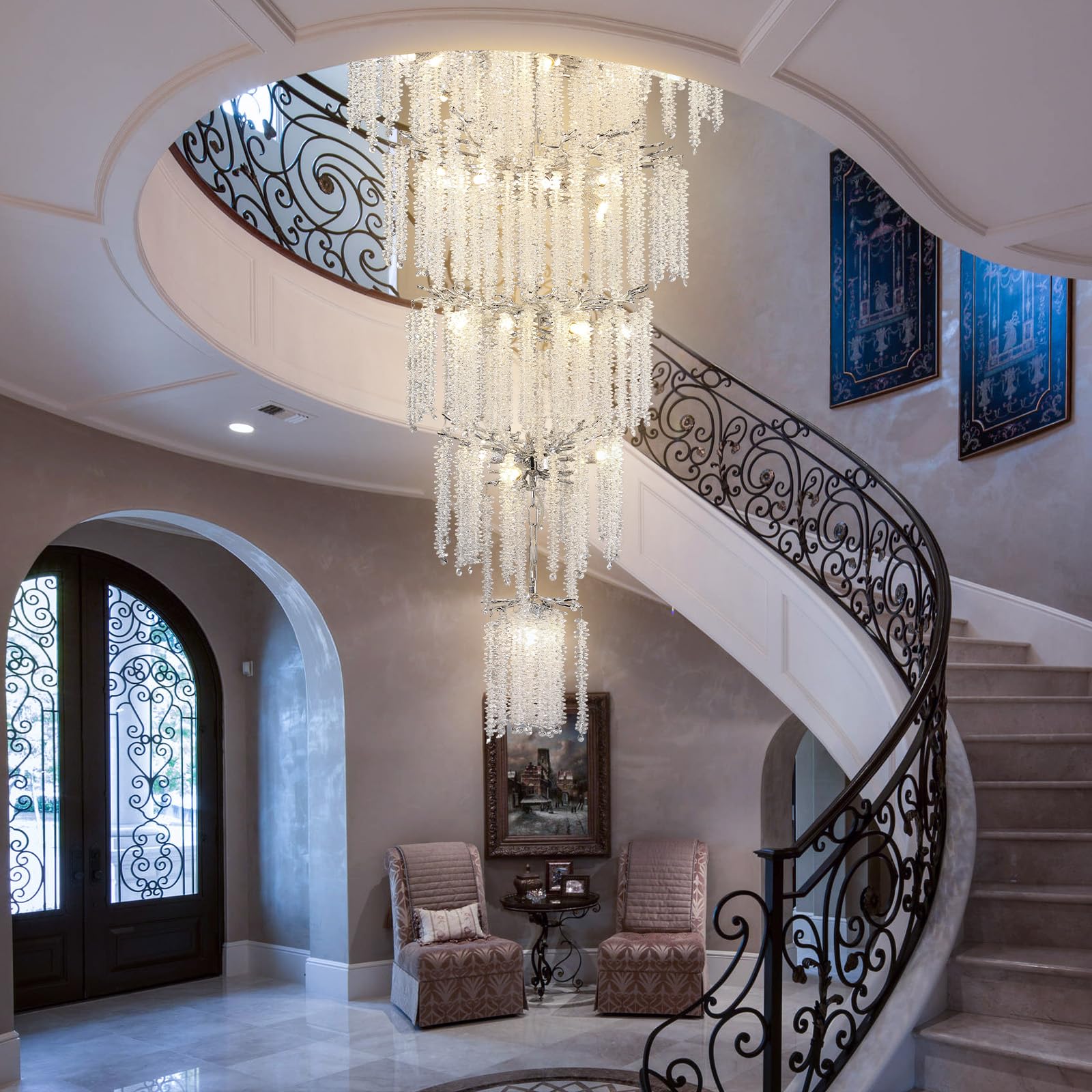 Modern Crystal Chandelier, 47.2" Gold Tree Branch Chandelier for Dining Room, Round Luxury High Ceiling Chandeliers Pendant Light Over Table, Hanging Fixture for Bedroom, Living Room, Kitchen - Camilalamps - B0FBWPQM82