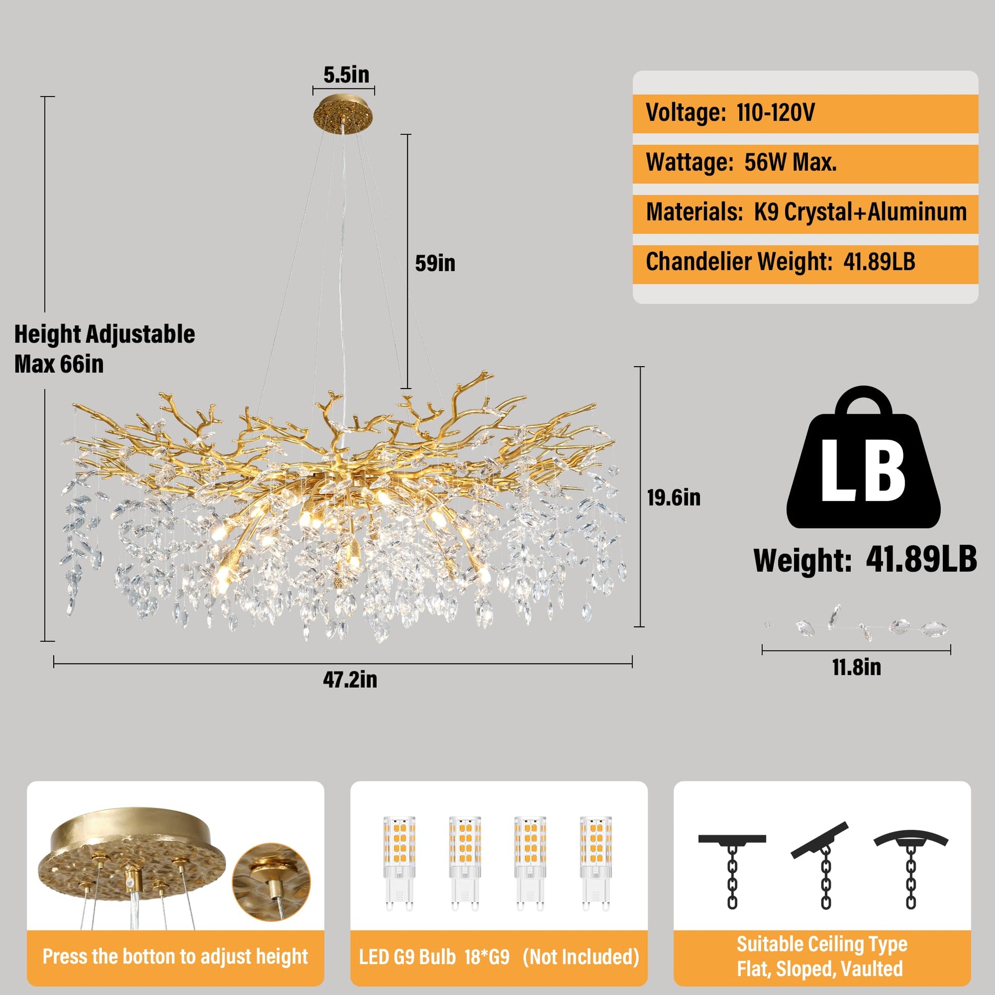 60" Modern Gold Crystal Tree Branch Chandelier, 16 - Light Rectangular Chandeliers for Dining Room, Kitchen Island, Living Room, Luxury K9 Crystal Raindrop Light Fixture - Camilalamps - B0FC6PCBZ1