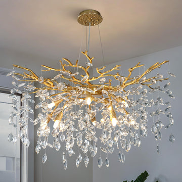 60" Modern Gold Crystal Tree Branch Chandelier, 16 - Light Rectangular Chandeliers for Dining Room, Kitchen Island, Living Room, Luxury K9 Crystal Raindrop Light Fixture - Camilalamps - B0C5T4HJ2H