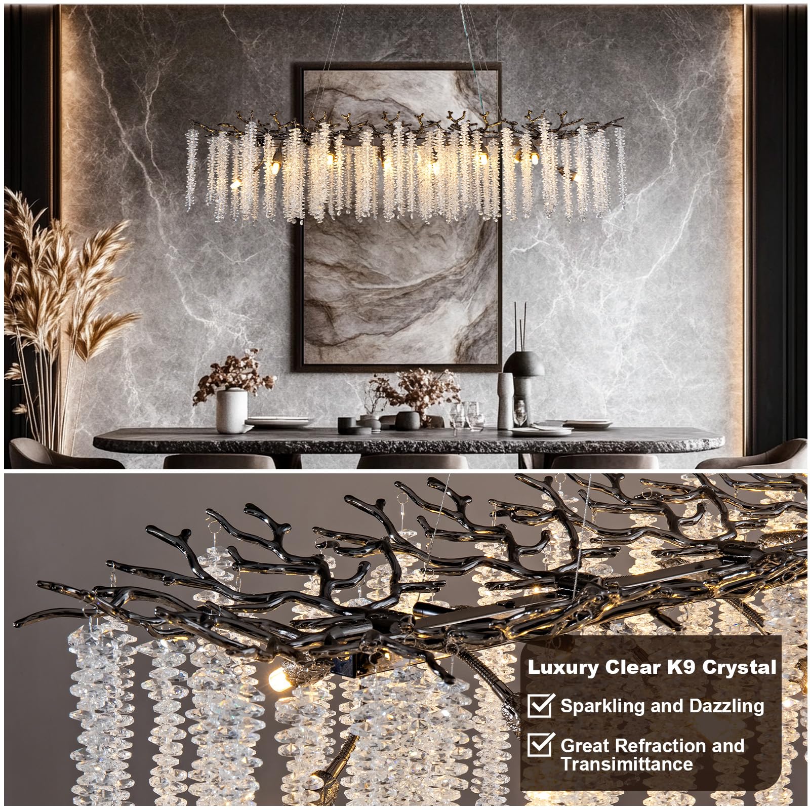 Modern Crystal Chandelier, 47.2" Gold Tree Branch Chandelier for Dining Room, Round Luxury High Ceiling Chandeliers Pendant Light Over Table, Hanging Fixture for Bedroom, Living Room, Kitchen - Camilalamps - B0FBWPQM82