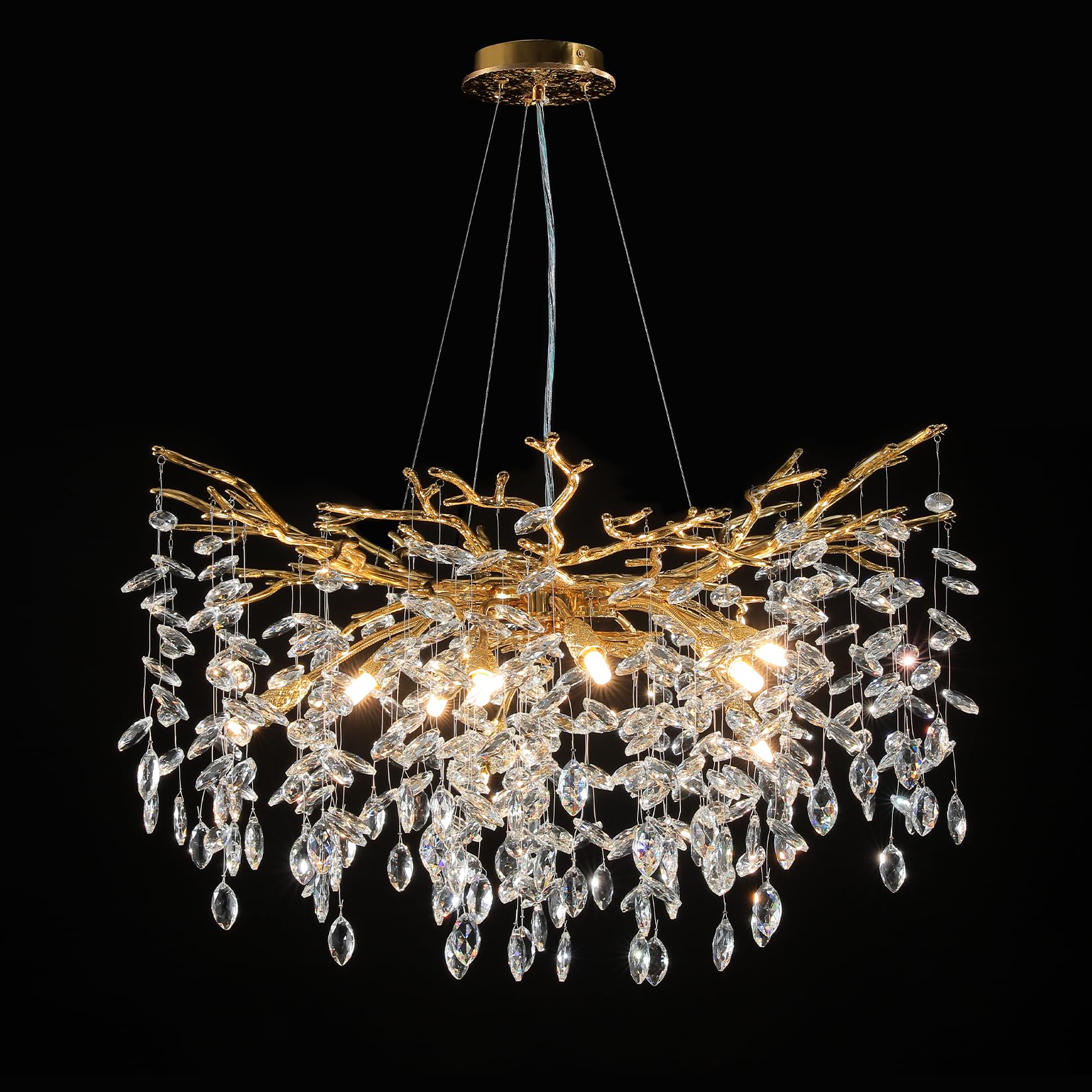 Crystal Chandeliers for Dining Room, 63" Modern Gold Tree Branch Chandelier, 15 - Lights Luxury Rectangular Raindrop Chandelier Light Fixture for Kitchen Island, Living Room, Foyer, High Ceiling - Camilalamps - B0BXNB4WRN