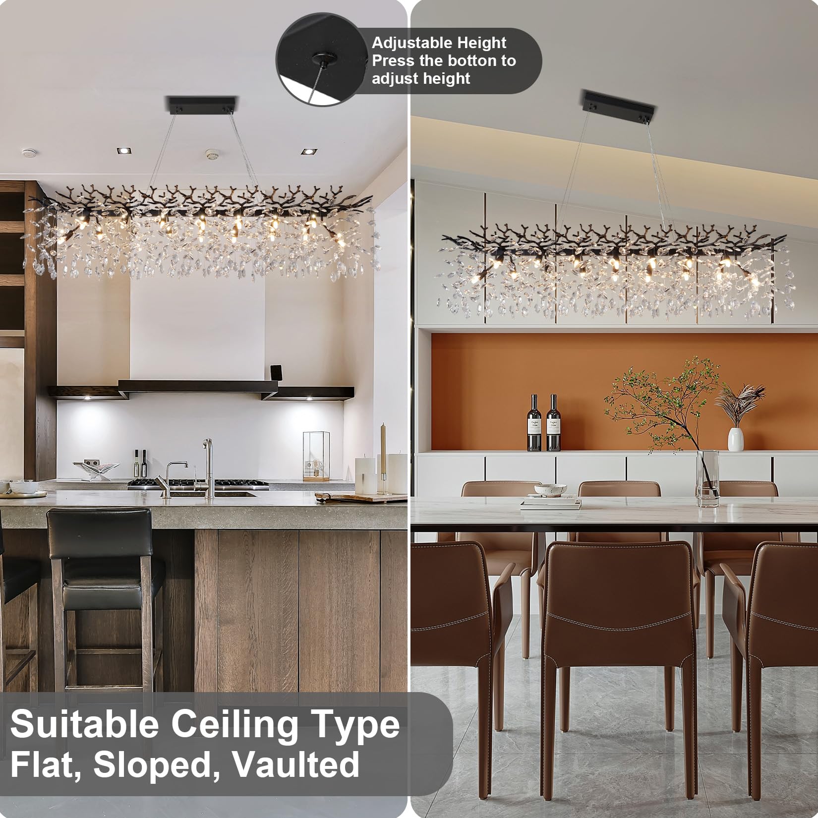 60" Modern Gold Crystal Tree Branch Chandelier, 16 - Light Rectangular Chandeliers for Dining Room, Kitchen Island, Living Room, Luxury K9 Crystal Raindrop Light Fixture - Camilalamps - B0FC6PCBZ1