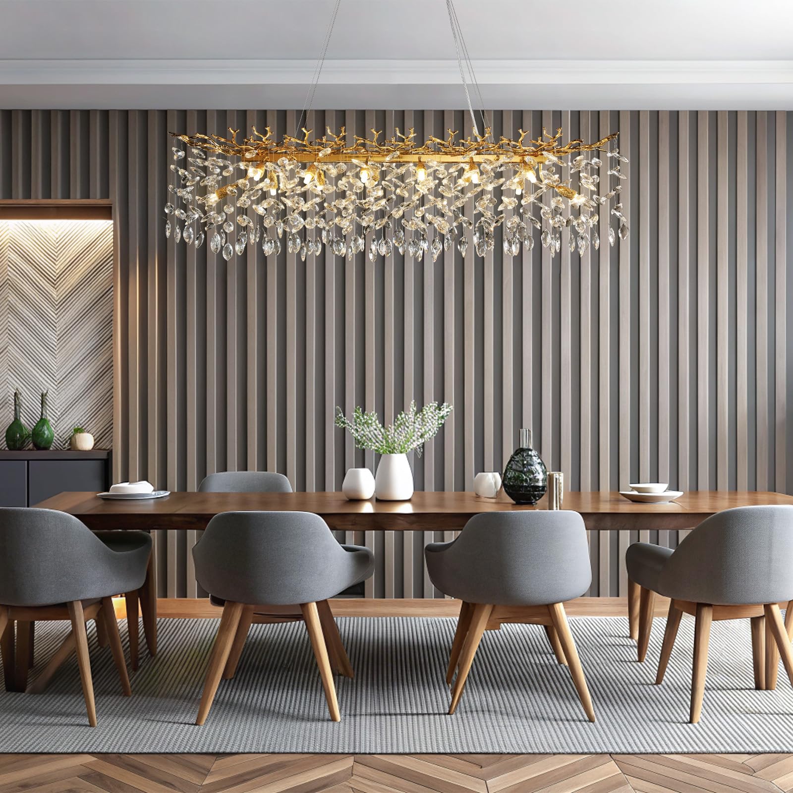 Crystal Chandeliers for Dining Room, 63" Modern Gold Tree Branch Chandelier, 15 - Lights Luxury Rectangular Raindrop Chandelier Light Fixture for Kitchen Island, Living Room, Foyer, High Ceiling - Camilalamps - B0BXNB4WRN