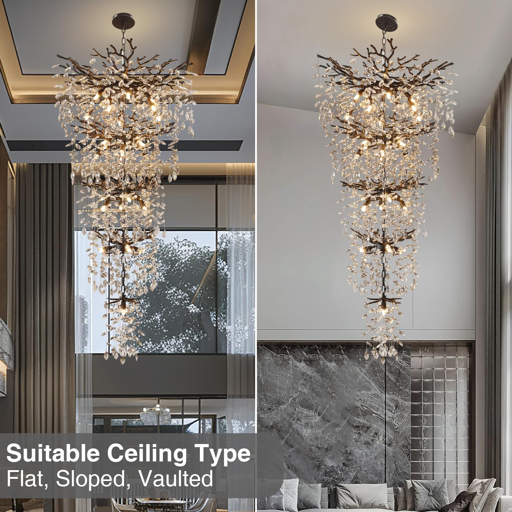 Crystal Chandeliers for Dining Room, 63" Modern Gold Tree Branch Chandelier, 15 - Lights Luxury Rectangular Raindrop Chandelier Light Fixture for Kitchen Island, Living Room, Foyer, High Ceiling - Camilalamps - B0BXNB4WRN