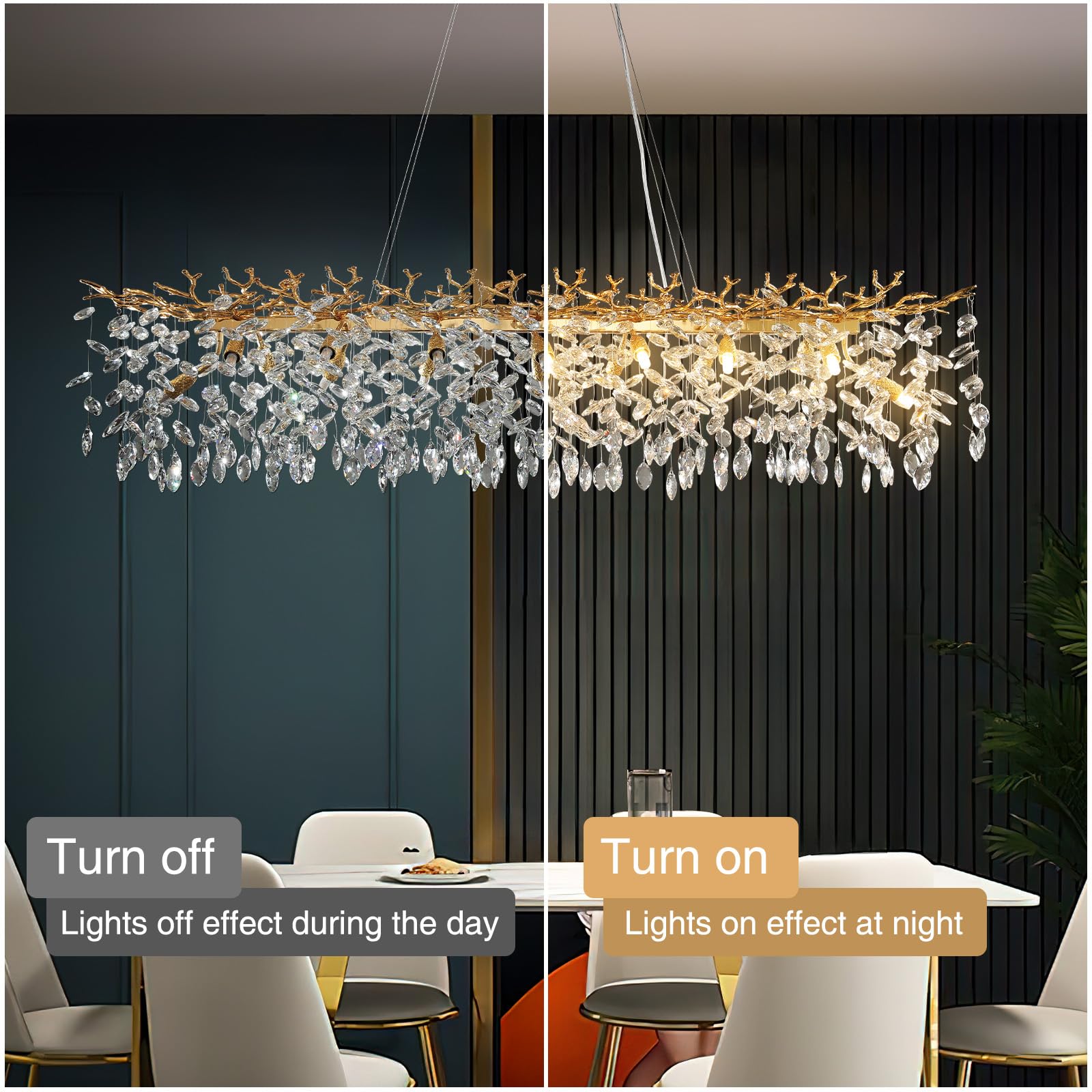 Crystal Chandeliers for Dining Room, 63" Modern Gold Tree Branch Chandelier, 15 - Lights Luxury Rectangular Raindrop Chandelier Light Fixture for Kitchen Island, Living Room, Foyer, High Ceiling - Camilalamps - B0BXNB4WRN