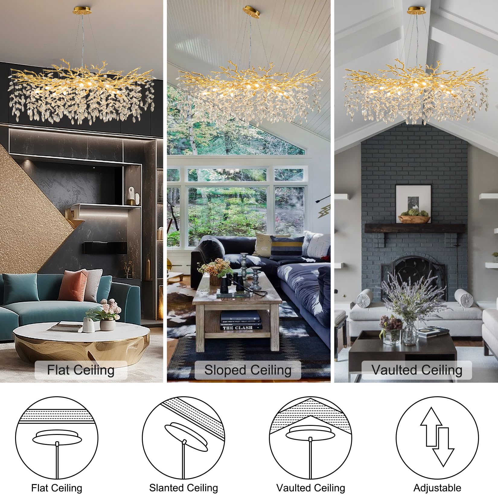 60" Modern Gold Crystal Tree Branch Chandelier, 16 - Light Rectangular Chandeliers for Dining Room, Kitchen Island, Living Room, Luxury K9 Crystal Raindrop Light Fixture - Camilalamps - B0FC6PCBZ1