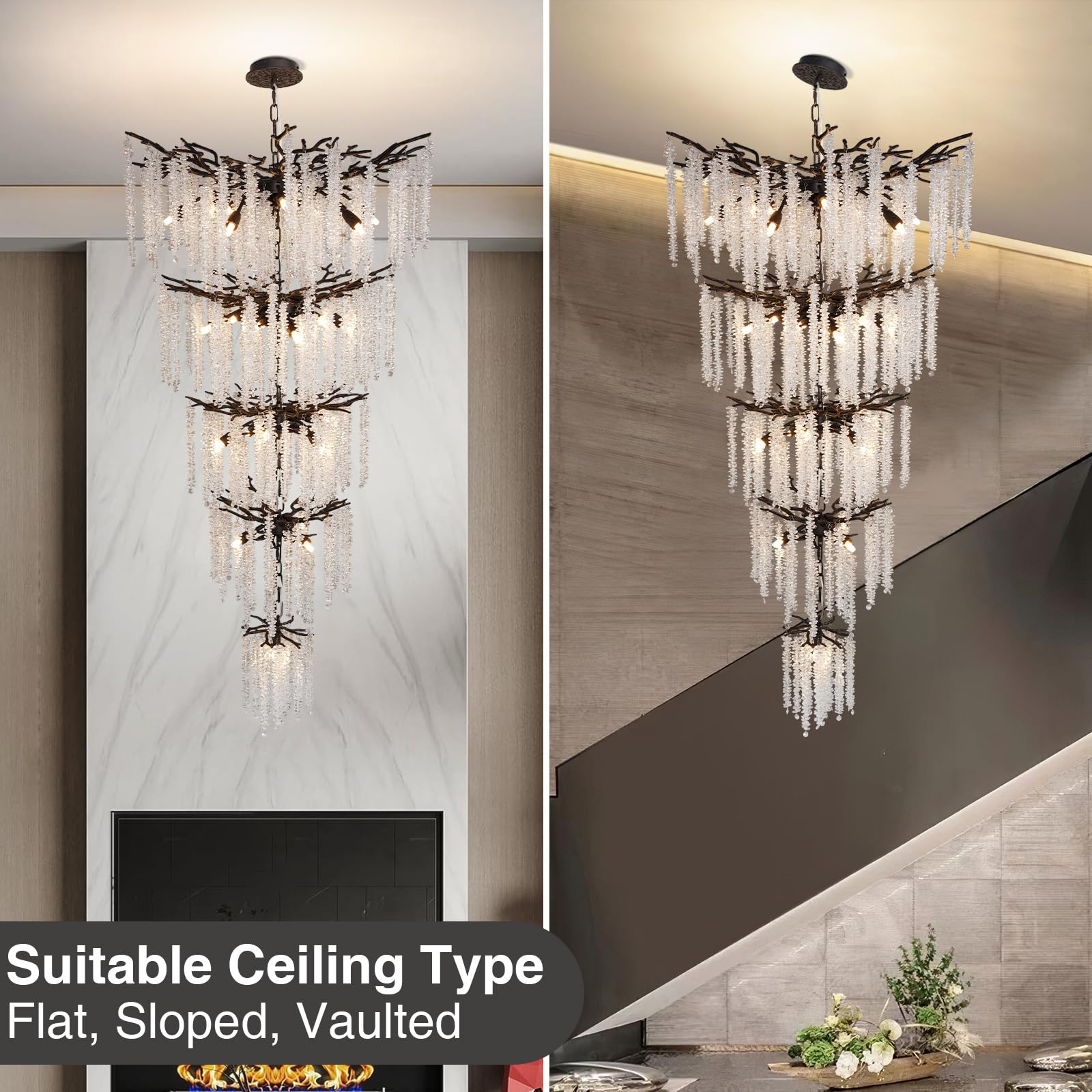 Modern Crystal Chandelier, 47.2" Gold Tree Branch Chandelier for Dining Room, Round Luxury High Ceiling Chandeliers Pendant Light Over Table, Hanging Fixture for Bedroom, Living Room, Kitchen - Camilalamps - B0FBWPQM82