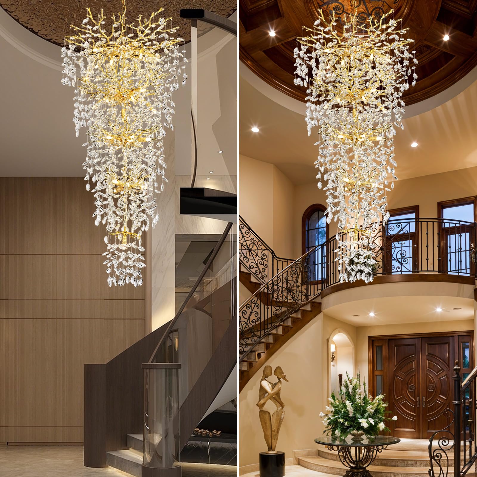 Crystal Chandeliers for Dining Room, 63" Modern Gold Tree Branch Chandelier, 15 - Lights Luxury Rectangular Raindrop Chandelier Light Fixture for Kitchen Island, Living Room, Foyer, High Ceiling - Camilalamps - B0BXNB4WRN