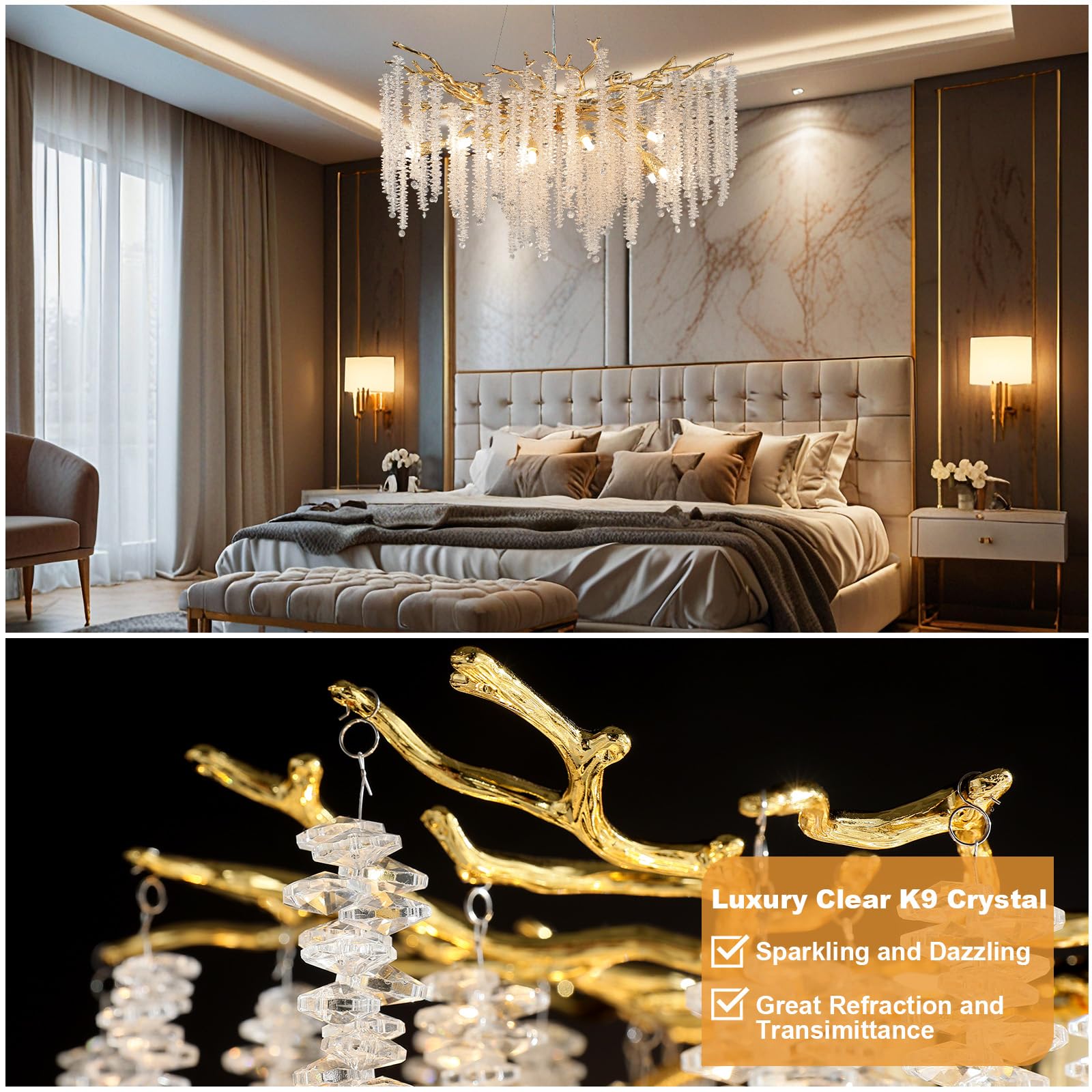 Modern Crystal Chandelier, 47.2" Gold Tree Branch Chandelier for Dining Room, Round Luxury High Ceiling Chandeliers Pendant Light Over Table, Hanging Fixture for Bedroom, Living Room, Kitchen - Camilalamps - B0FBWPQM82