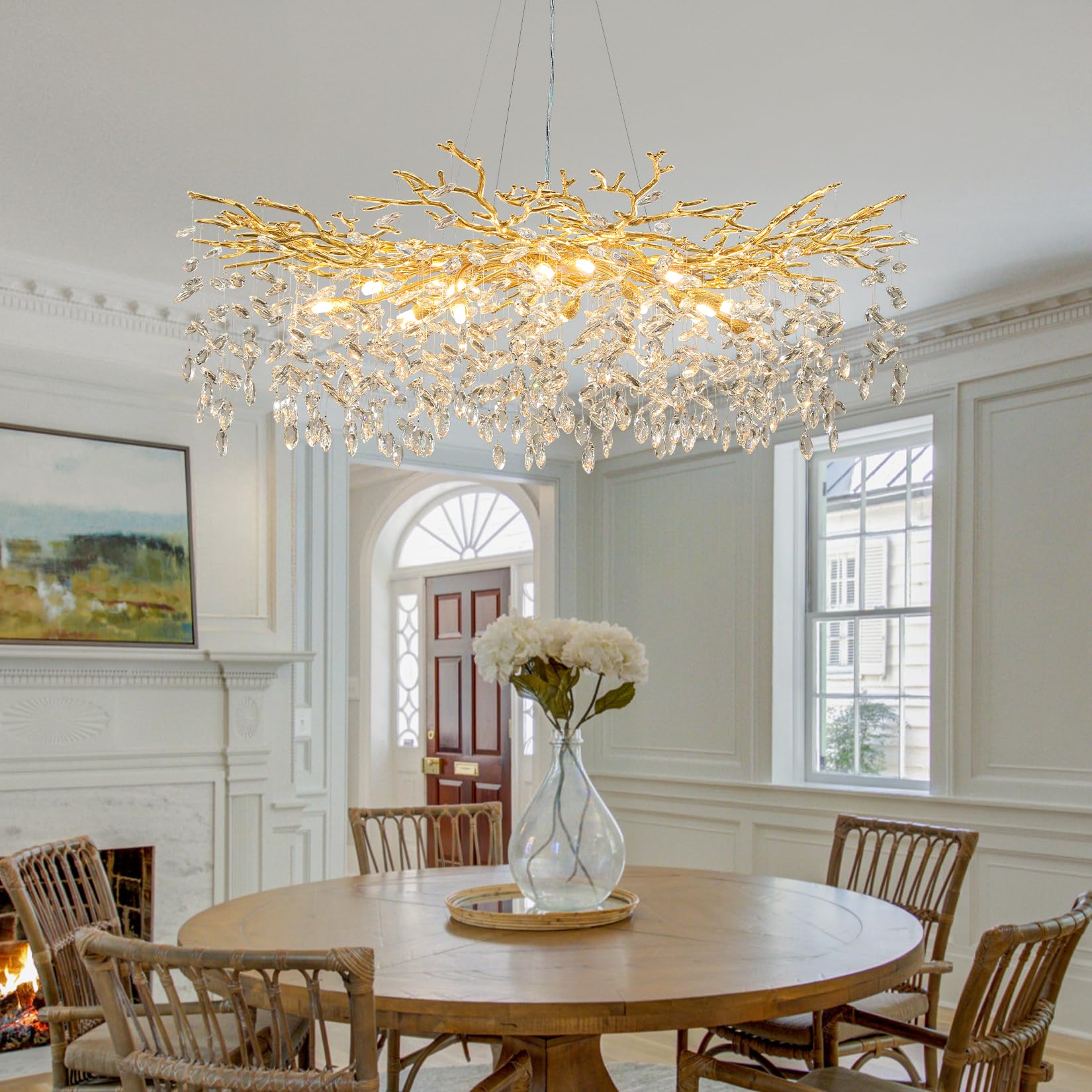 Crystal Chandeliers for Dining Room, 63" Modern Gold Tree Branch Chandelier, 15 - Lights Luxury Rectangular Raindrop Chandelier Light Fixture for Kitchen Island, Living Room, Foyer, High Ceiling - Camilalamps - B0DNZGKLLK