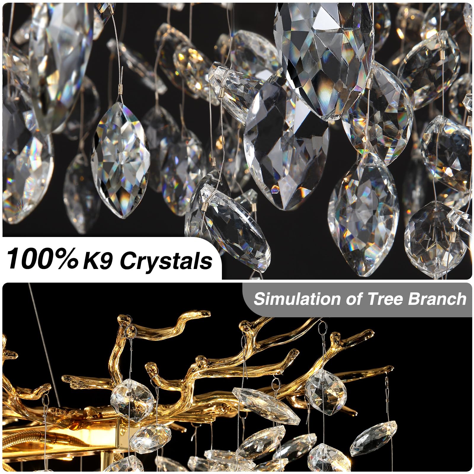 Crystal Chandeliers for Dining Room, 63" Modern Gold Tree Branch Chandelier, 15 - Lights Luxury Rectangular Raindrop Chandelier Light Fixture for Kitchen Island, Living Room, Foyer, High Ceiling - Camilalamps - B0BXNB4WRN