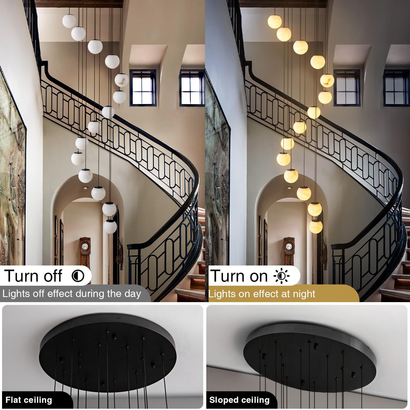 Black Alabaster Chandelier,14 - Lights Staircase Chandelier for Entryway, Modern Marble Hanging Light Fixture, Hight Ceiling, Foyer, Living Room, Staircase, Entry - Camilalamps - B0DSZZ11GM