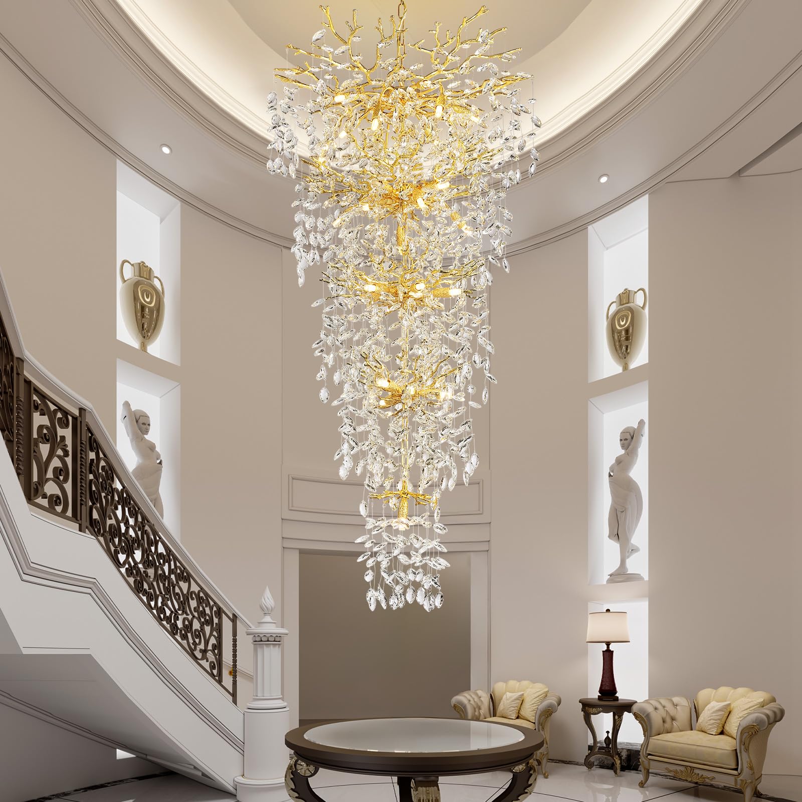 Crystal Chandeliers for Dining Room, 63" Modern Gold Tree Branch Chandelier, 15 - Lights Luxury Rectangular Raindrop Chandelier Light Fixture for Kitchen Island, Living Room, Foyer, High Ceiling - Camilalamps - B0BXNB4WRN