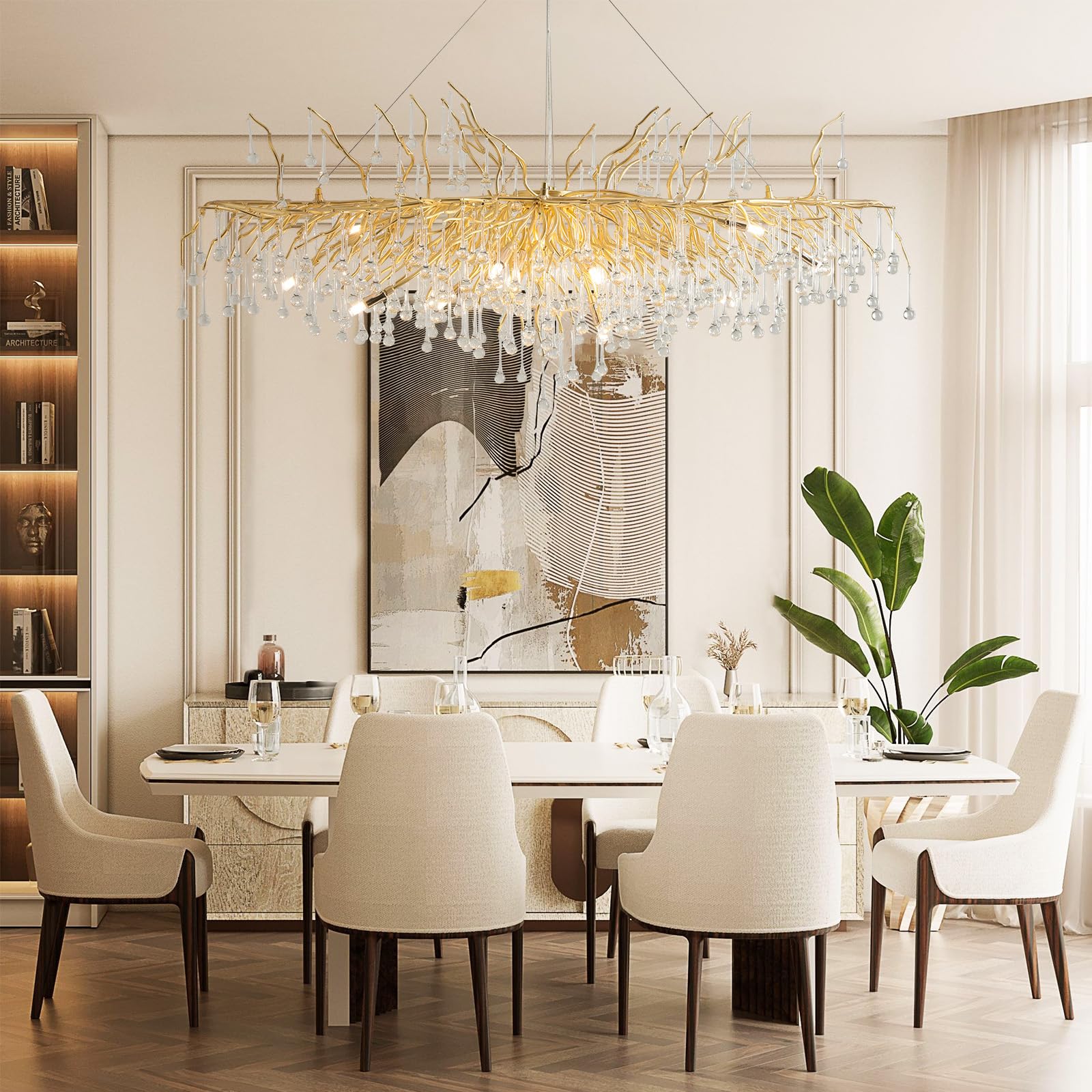 Crystal Chandeliers for Dining Room, 63" Modern Gold Tree Branch Chandelier, 15 - Lights Luxury Rectangular Raindrop Chandelier Light Fixture for Kitchen Island, Living Room, Foyer, High Ceiling - Camilalamps - B0BXNB4WRN