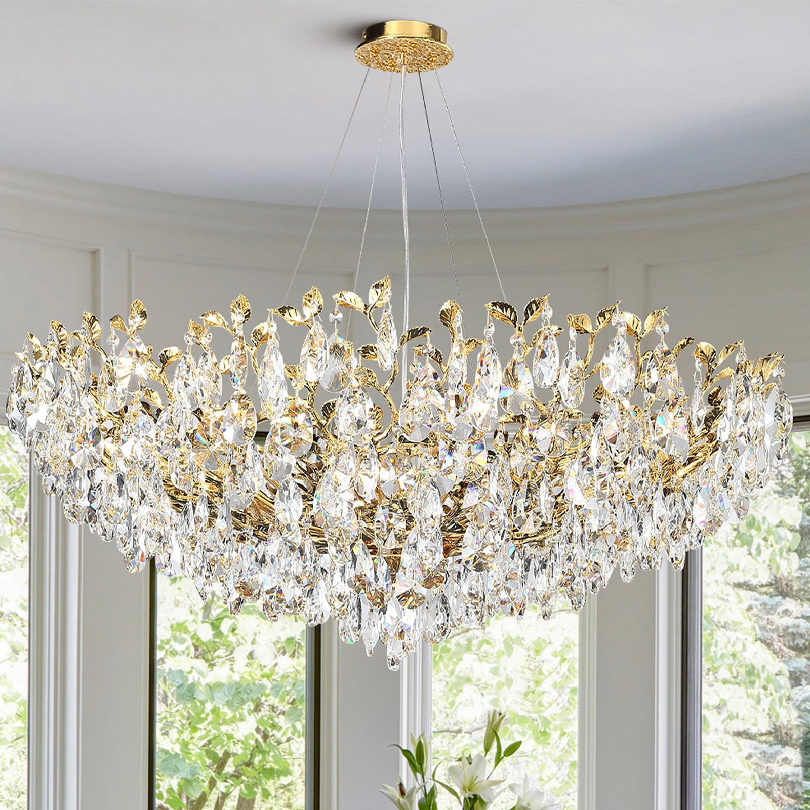 Modern Crystal Chandelier,Silver Ceiling Pendant Flower Hanging Lighting, 31.5" Tree Branch - Leaf Upward Chandelier Light Fixture Perfect for Dining Room, Living Room, Bedroom, Entryway - Camilalamps - B0CRKSZYYL