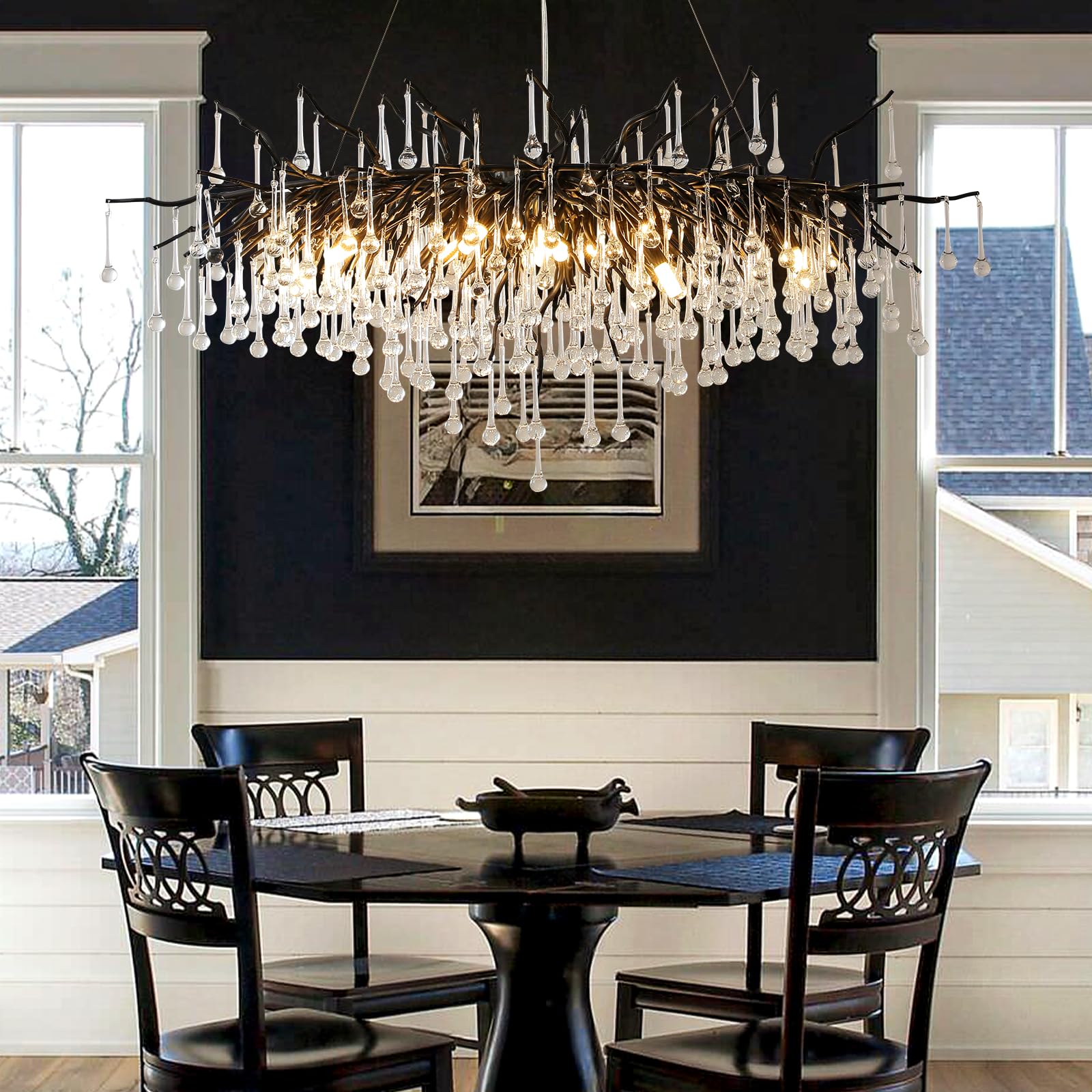 Crystal Chandeliers for Dining Room, 63" Modern Gold Tree Branch Chandelier, 15 - Lights Luxury Rectangular Raindrop Chandelier Light Fixture for Kitchen Island, Living Room, Foyer, High Ceiling - Camilalamps - B0BXNB4WRN