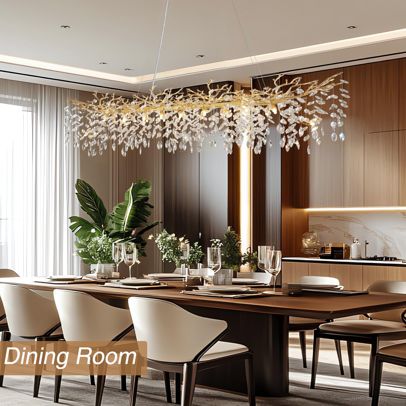 60" Modern Gold Crystal Tree Branch Chandelier, 16 - Light Rectangular Chandeliers for Dining Room, Kitchen Island, Living Room, Luxury K9 Crystal Raindrop Light Fixture - Camilalamps - B0FC6PCBZ1