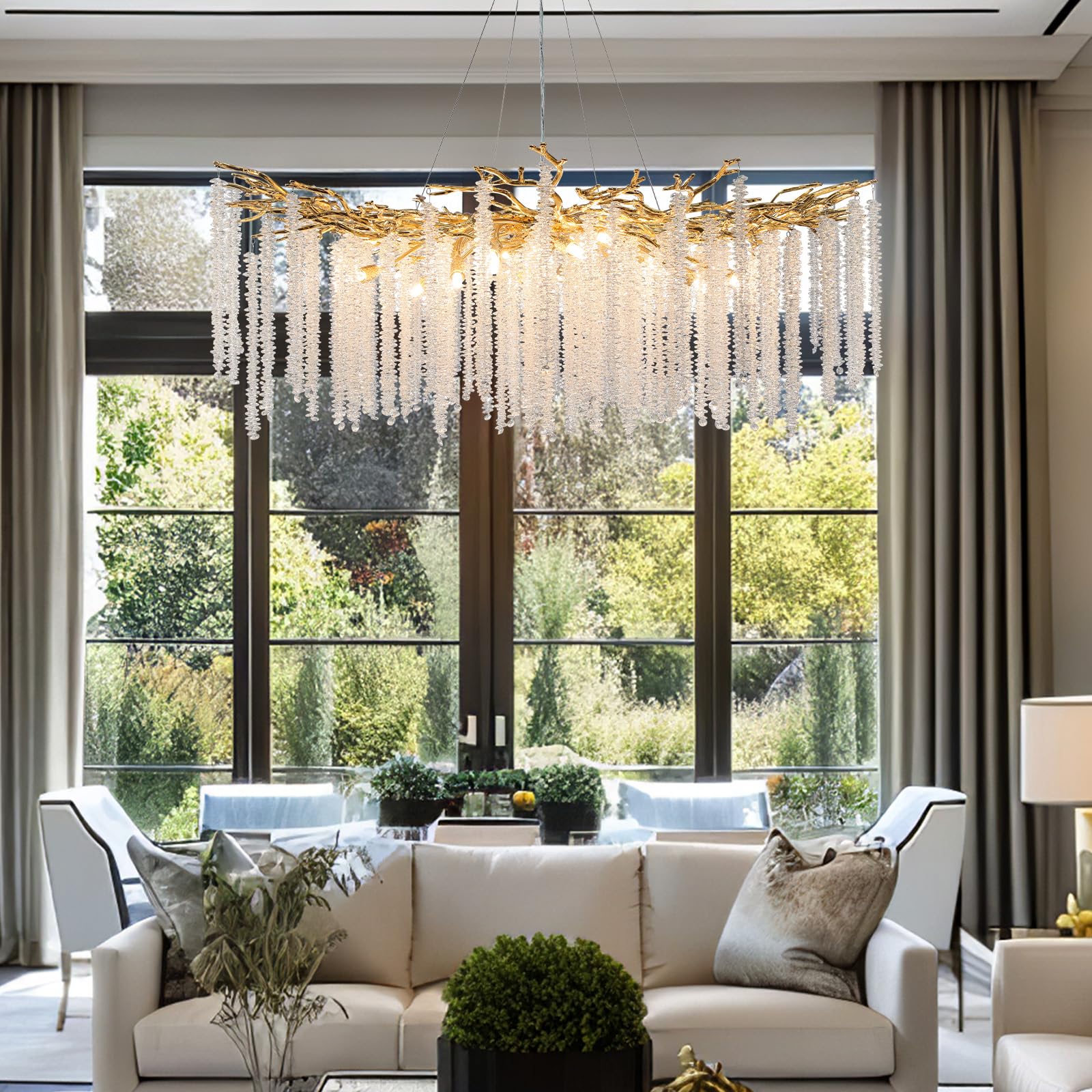 Modern Crystal Chandelier, 47.2" Gold Tree Branch Chandelier for Dining Room, Round Luxury High Ceiling Chandeliers Pendant Light Over Table, Hanging Fixture for Bedroom, Living Room, Kitchen - Camilalamps - B0FBWPQM82