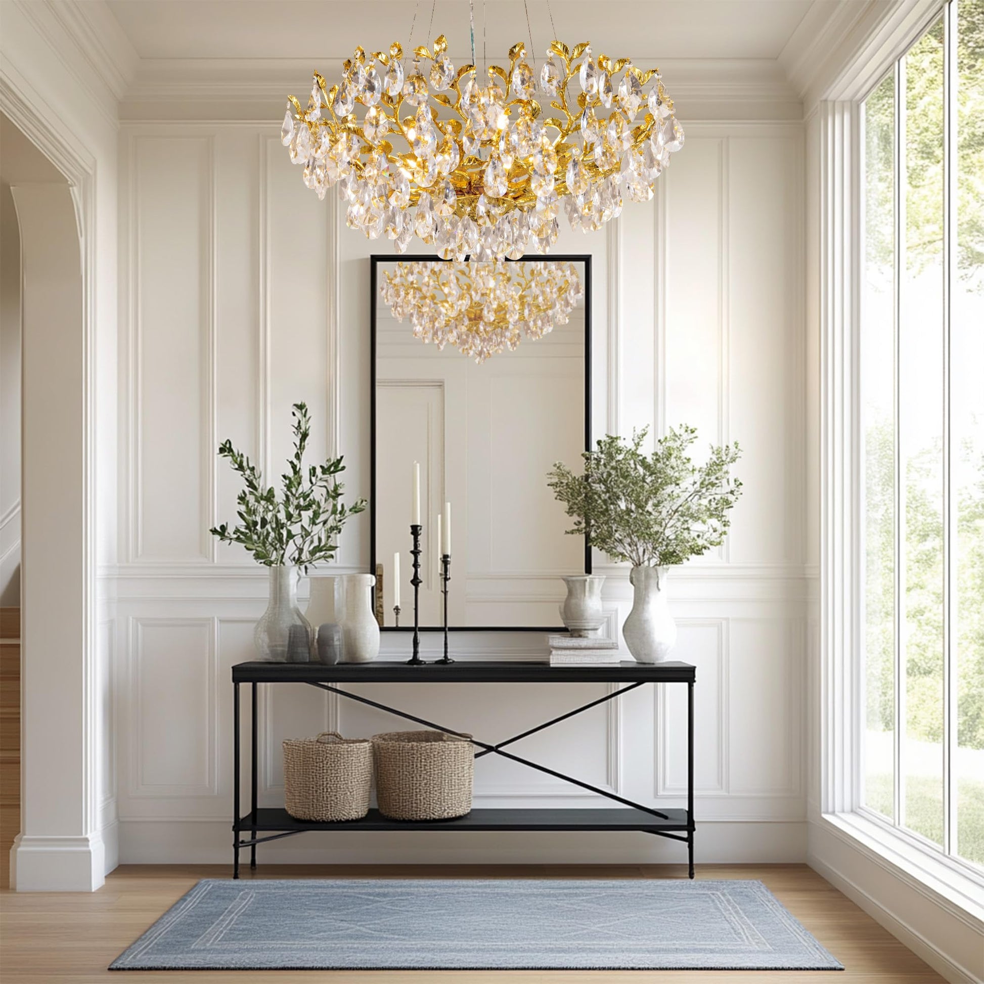 Modern Crystal Chandelier,Silver Ceiling Pendant Flower Hanging Lighting, 31.5" Tree Branch - Leaf Upward Chandelier Light Fixture Perfect for Dining Room, Living Room, Bedroom, Entryway - Camilalamps - B0CRKSZYYL