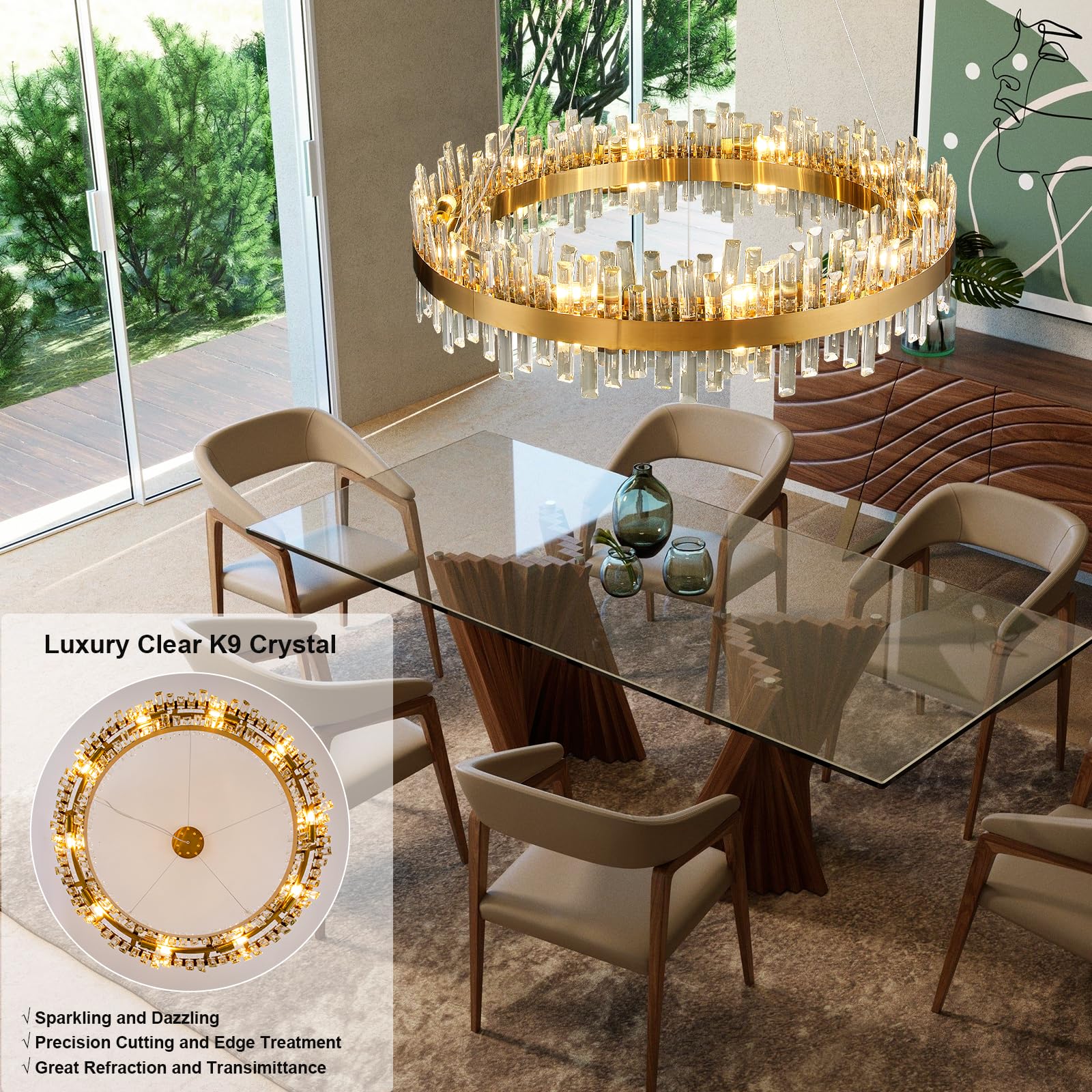 Chandelier for Dining Room, D39.4 Gold K9 Crystal Pendant Light, 20 - Light Round Over Table, Hanging Ceiling Light Fixture for Kitchen Island, Entryway, Foyer - Camilalamps - B0DMFF1692
