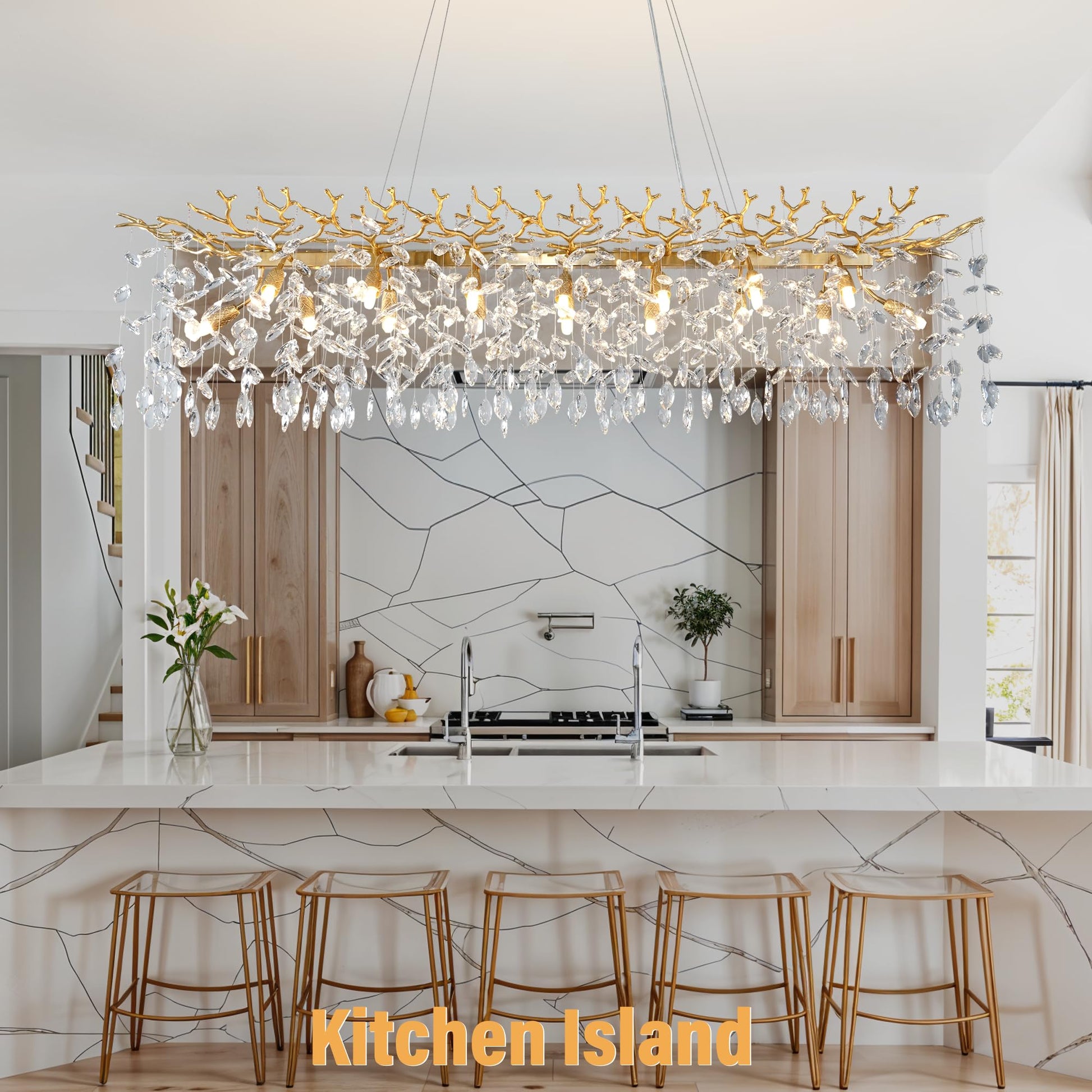 Crystal Chandeliers for Dining Room, 63" Modern Gold Tree Branch Chandelier, 15 - Lights Luxury Rectangular Raindrop Chandelier Light Fixture for Kitchen Island, Living Room, Foyer, High Ceiling - Camilalamps - B0BXNB4WRN