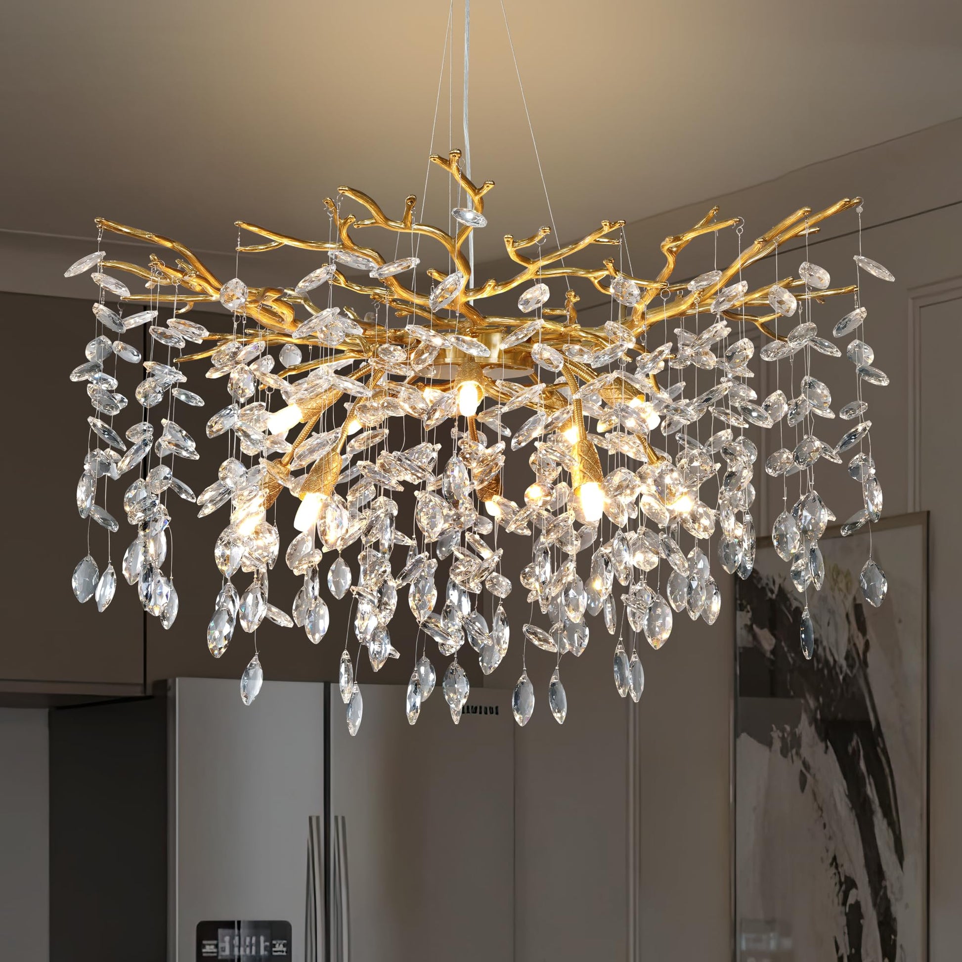 Crystal Chandeliers for Dining Room, 63" Modern Gold Tree Branch Chandelier, 15 - Lights Luxury Rectangular Raindrop Chandelier Light Fixture for Kitchen Island, Living Room, Foyer, High Ceiling - Camilalamps - B0DNZFP4TM