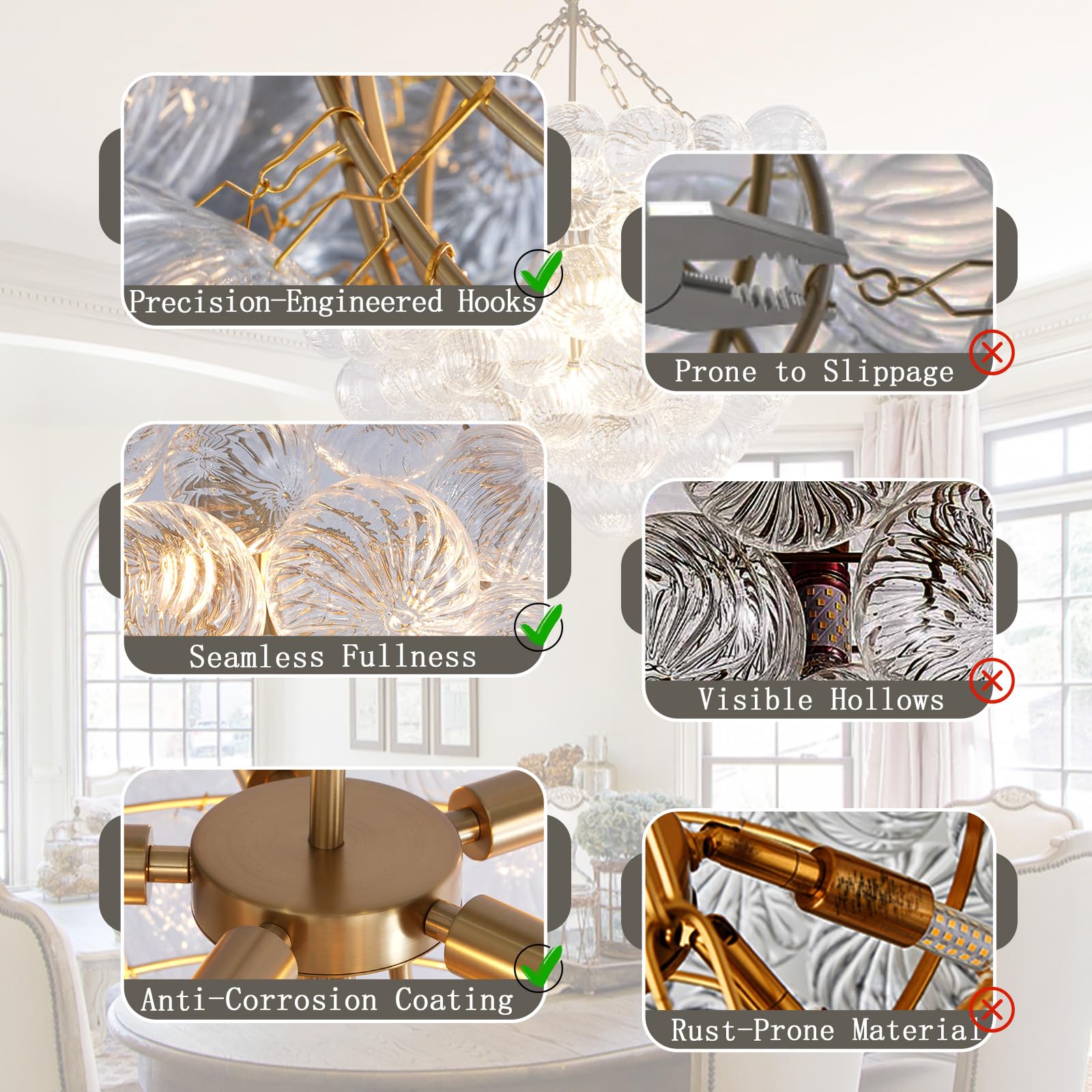Gold Bubble Globe Chandelier, Modern Blown Glass Chandeliers with Ribbed Clear Balls, Small 24" Dia Antique Style Pendant Ceiling Light for Dining Room, Entry, Bedroom - Camilalamps - B0FDQ34ZW3
