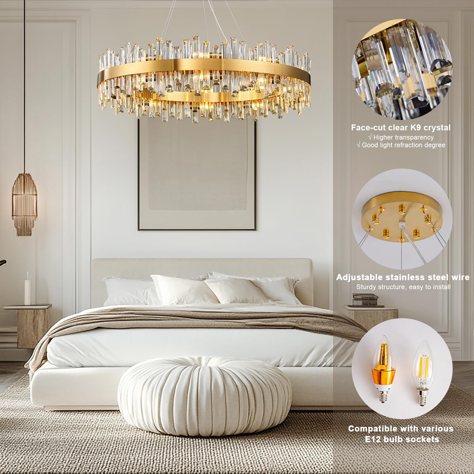 Chandelier for Dining Room, D39.4 Gold K9 Crystal Pendant Light, 20 - Light Round Over Table, Hanging Ceiling Light Fixture for Kitchen Island, Entryway, Foyer - Camilalamps - B0DMFF1692