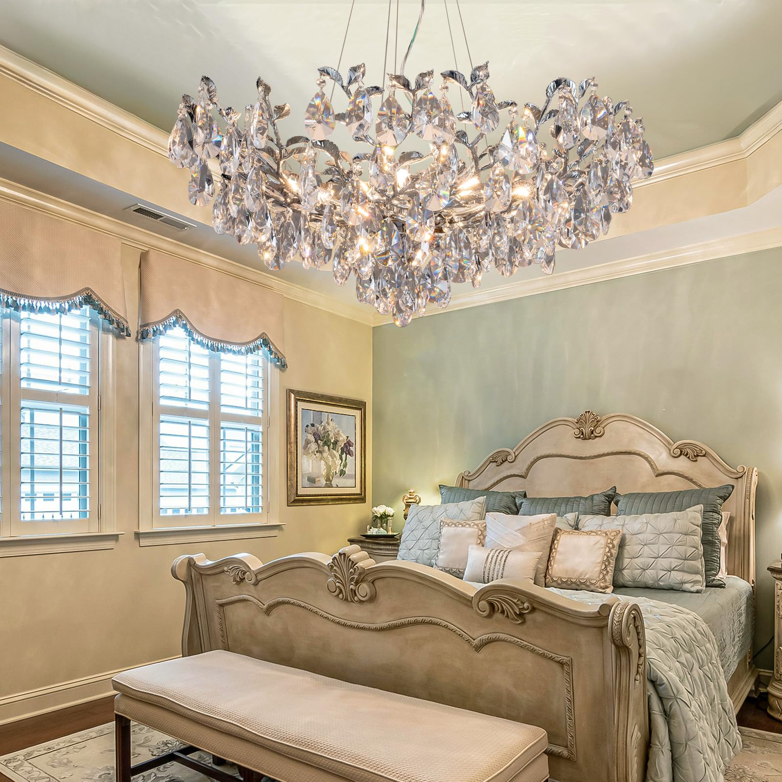 Modern Crystal Chandelier,Silver Ceiling Pendant Flower Hanging Lighting, 31.5" Tree Branch - Leaf Upward Chandelier Light Fixture Perfect for Dining Room, Living Room, Bedroom, Entryway - Camilalamps - B0CRKSZYYL
