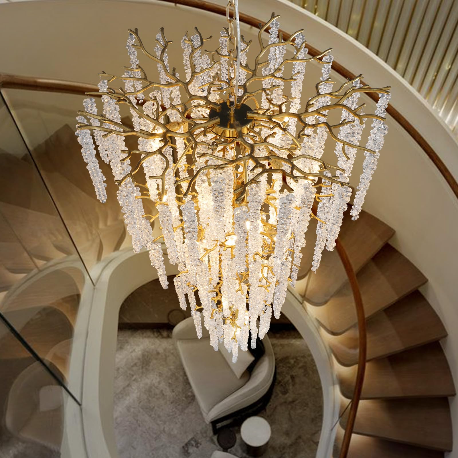 Modern Crystal Chandelier, 47.2" Gold Tree Branch Chandelier for Dining Room, Round Luxury High Ceiling Chandeliers Pendant Light Over Table, Hanging Fixture for Bedroom, Living Room, Kitchen - Camilalamps - B0FBWPQM82