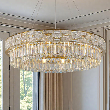 Crystal Chandeliers,31" Modern Gold Chandelier Pendant Light Fixture, Large Luxury Round Chandelier for Living Room Entryway