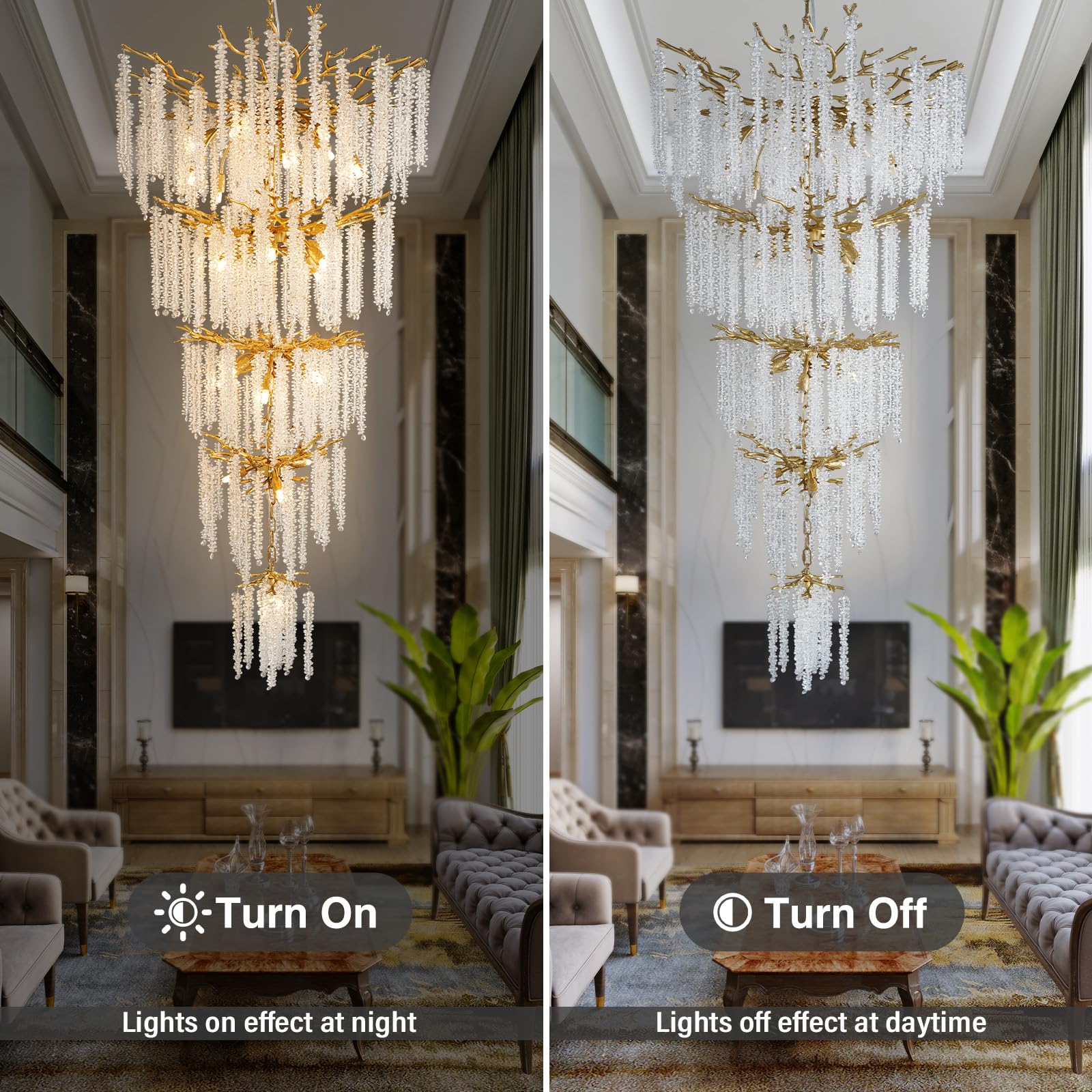 Modern Crystal Chandelier, 47.2" Gold Tree Branch Chandelier for Dining Room, Round Luxury High Ceiling Chandeliers Pendant Light Over Table, Hanging Fixture for Bedroom, Living Room, Kitchen - Camilalamps - B0FBWPQM82