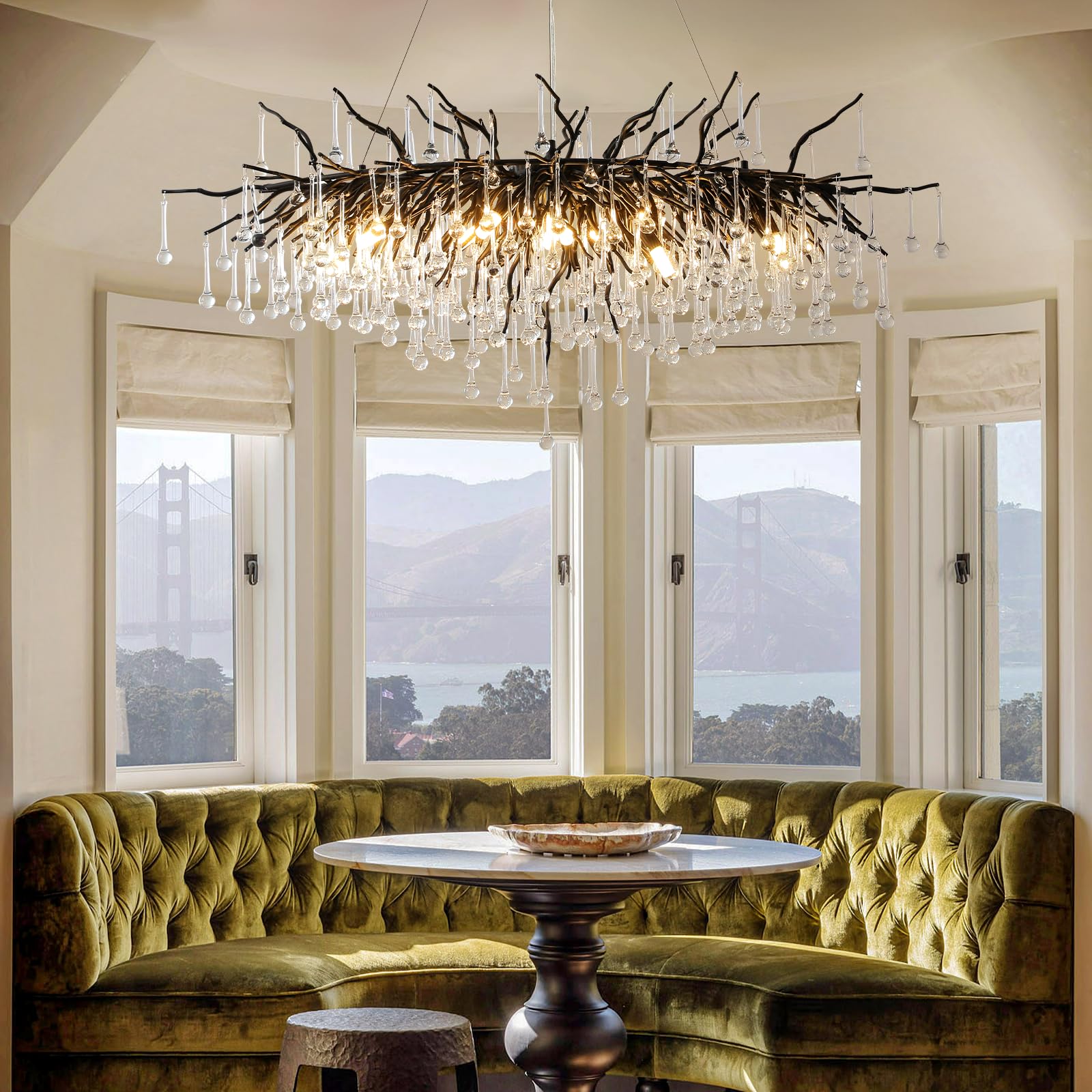 Crystal Chandeliers for Dining Room, 63" Modern Gold Tree Branch Chandelier, 15 - Lights Luxury Rectangular Raindrop Chandelier Light Fixture for Kitchen Island, Living Room, Foyer, High Ceiling - Camilalamps - B0BXNB4WRN