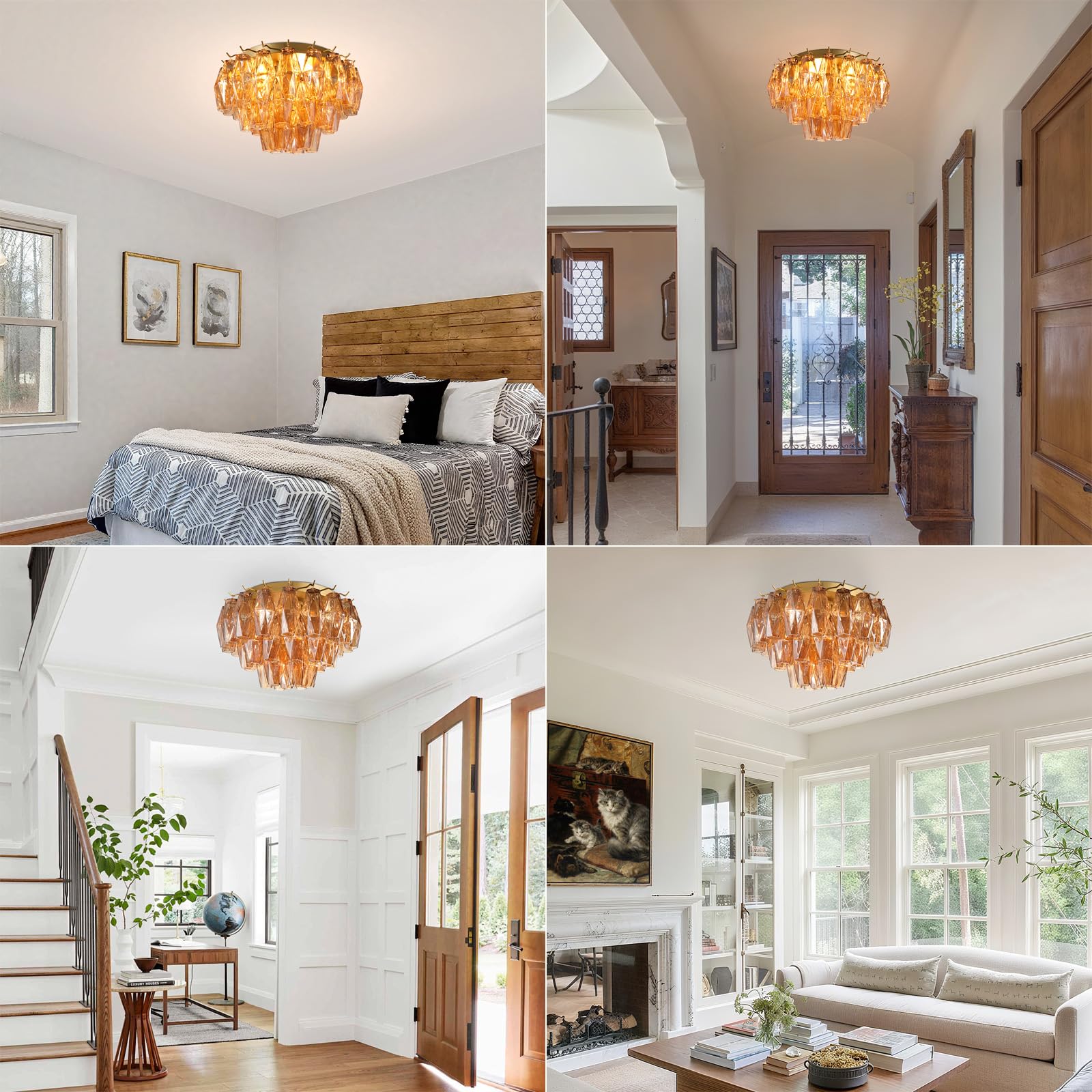 Amber Ceiling Light, 17" Modern Crystal Glass Chandelier for Bedroom, 3 - Light Round Flush Mount Ceiling Ligh for Living Room, Bathroom, Hallway, Entryway – Elegant Warm Lighting Fixture - Camilalamps - B0DQLDBCMH