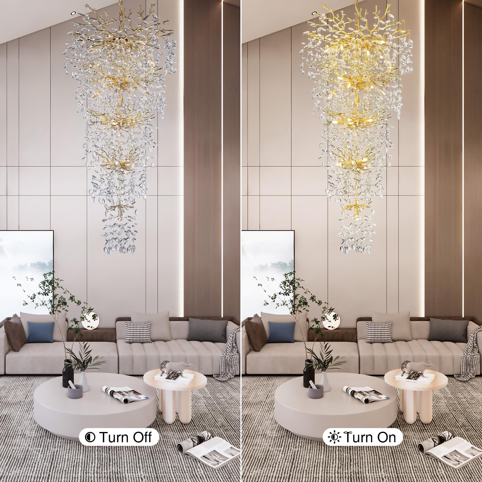 Crystal Chandeliers for Dining Room, 63" Modern Gold Tree Branch Chandelier, 15 - Lights Luxury Rectangular Raindrop Chandelier Light Fixture for Kitchen Island, Living Room, Foyer, High Ceiling - Camilalamps - B0BXNB4WRN