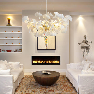 Tree Branch Chandelier White Ceramic Ginkgo Leaf Chandeliers, 6-Light L47.2 in Rectangle Height Adjustable Chandelier for Dining Room Lighting Fixtures Hanging, Living Room, Bedroom, Gold
