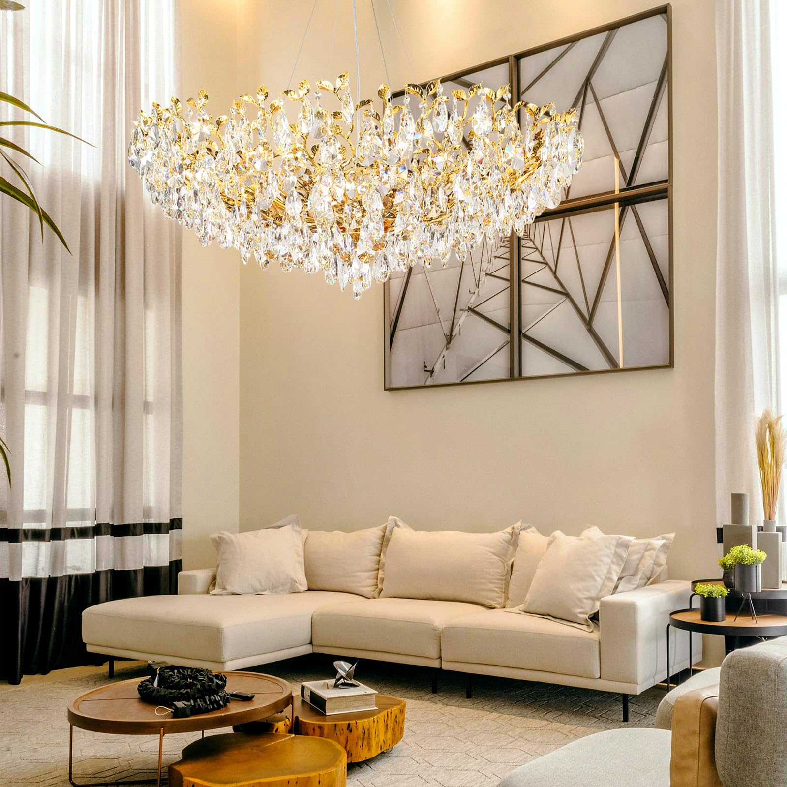 Modern Crystal Chandelier,Silver Ceiling Pendant Flower Hanging Lighting, 31.5" Tree Branch - Leaf Upward Chandelier Light Fixture Perfect for Dining Room, Living Room, Bedroom, Entryway - Camilalamps - B0CRKSZYYL