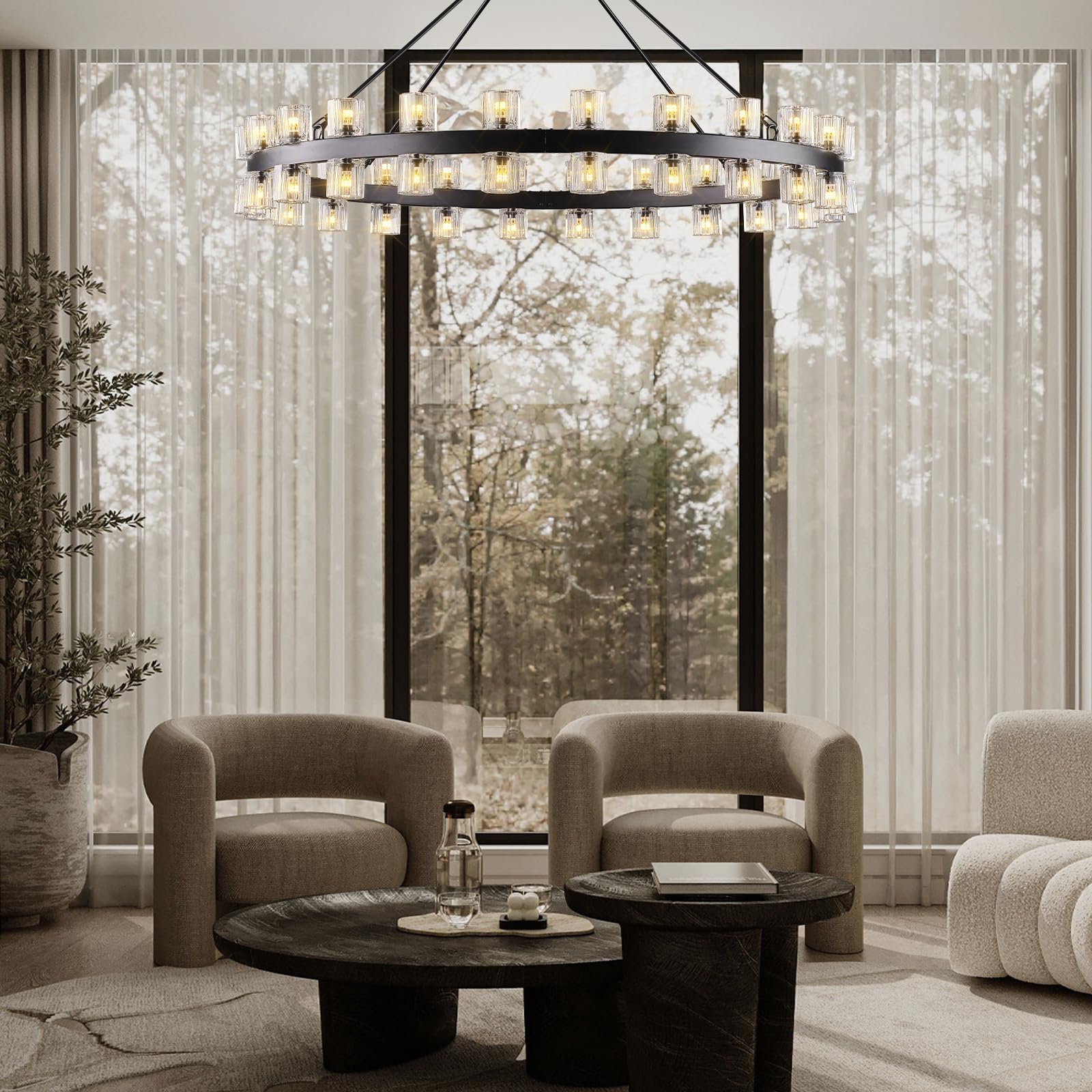 Modern 36" Gold Round Chandelier Light Fixture, K9 Crystal Chandeliers for Dining Room, Living Room, Dining Room Chandeliers Over Table, Chandelier for Bedroom, Foyer, Includes 36XG4 Bulbs - Camilalamps - B0CRGK6RHV