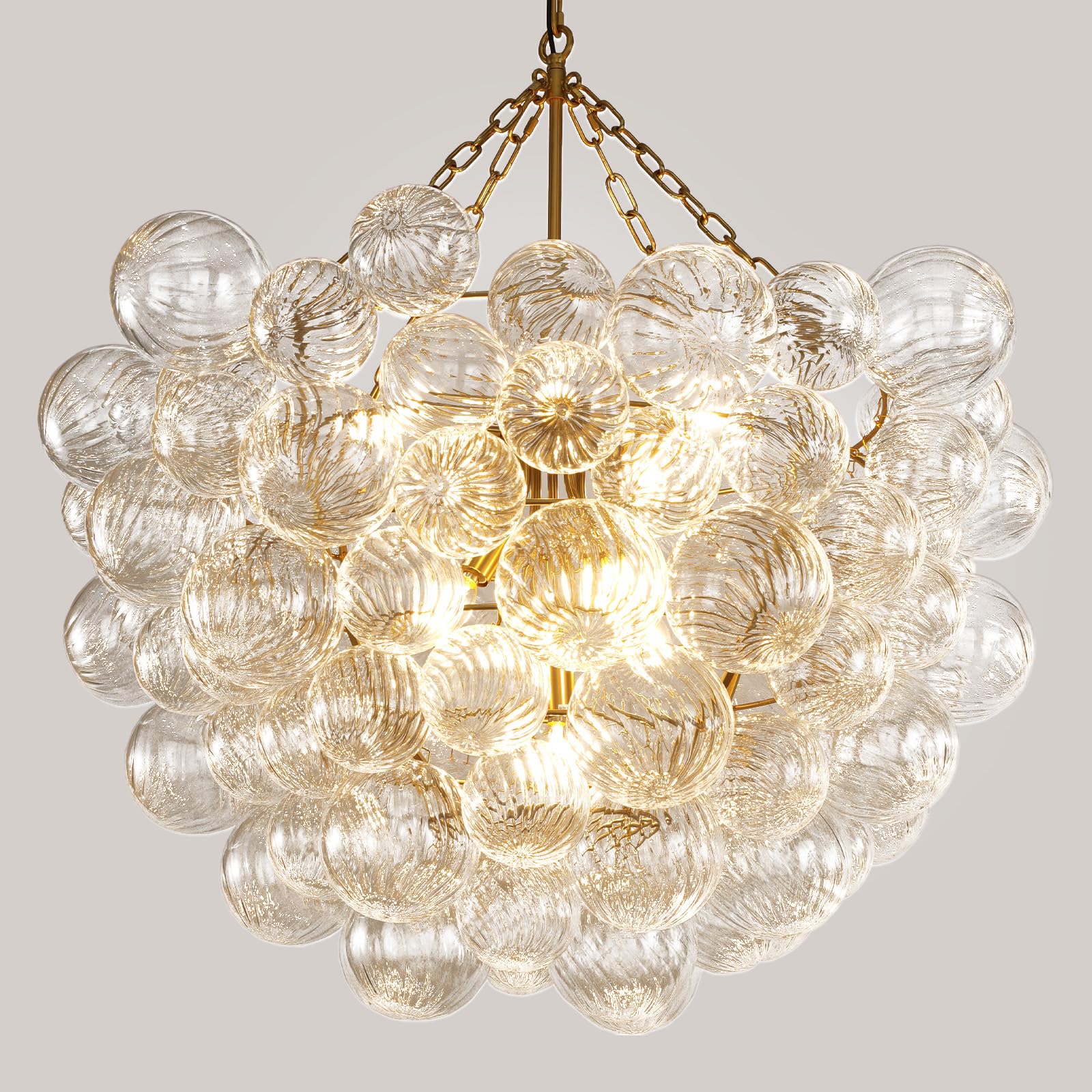 Gold Bubble Globe Chandelier, Modern Blown Glass Chandeliers with Ribbed Clear Balls, Small 24" Dia Antique Style Pendant Ceiling Light for Dining Room, Entry, Bedroom - Camilalamps - B0FDQ34ZW3