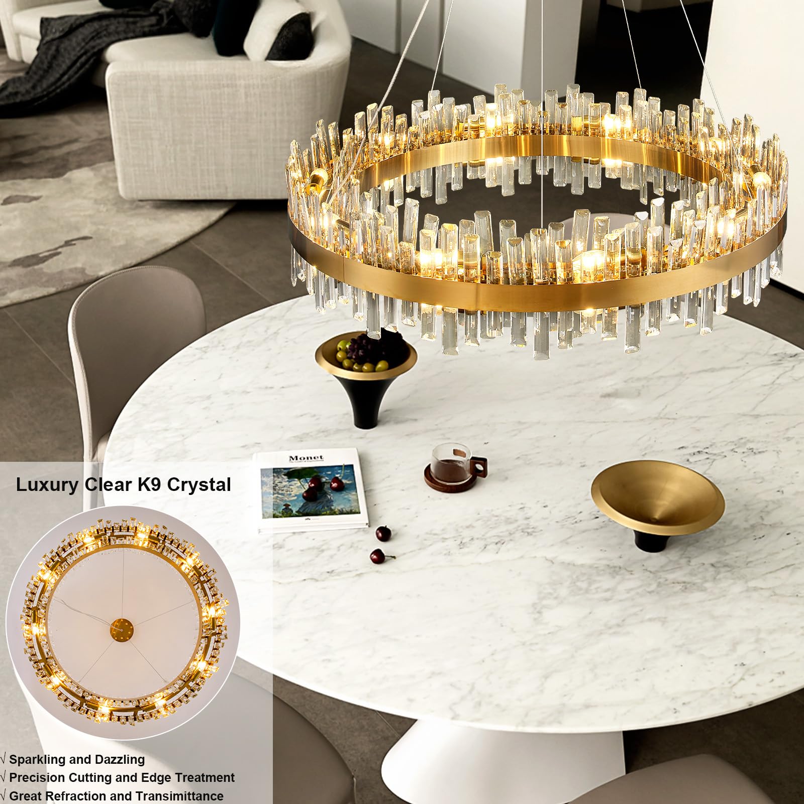 Chandelier for Dining Room, D39.4 Gold K9 Crystal Pendant Light, 20 - Light Round Over Table, Hanging Ceiling Light Fixture for Kitchen Island, Entryway, Foyer - Camilalamps - B0DMFF1692