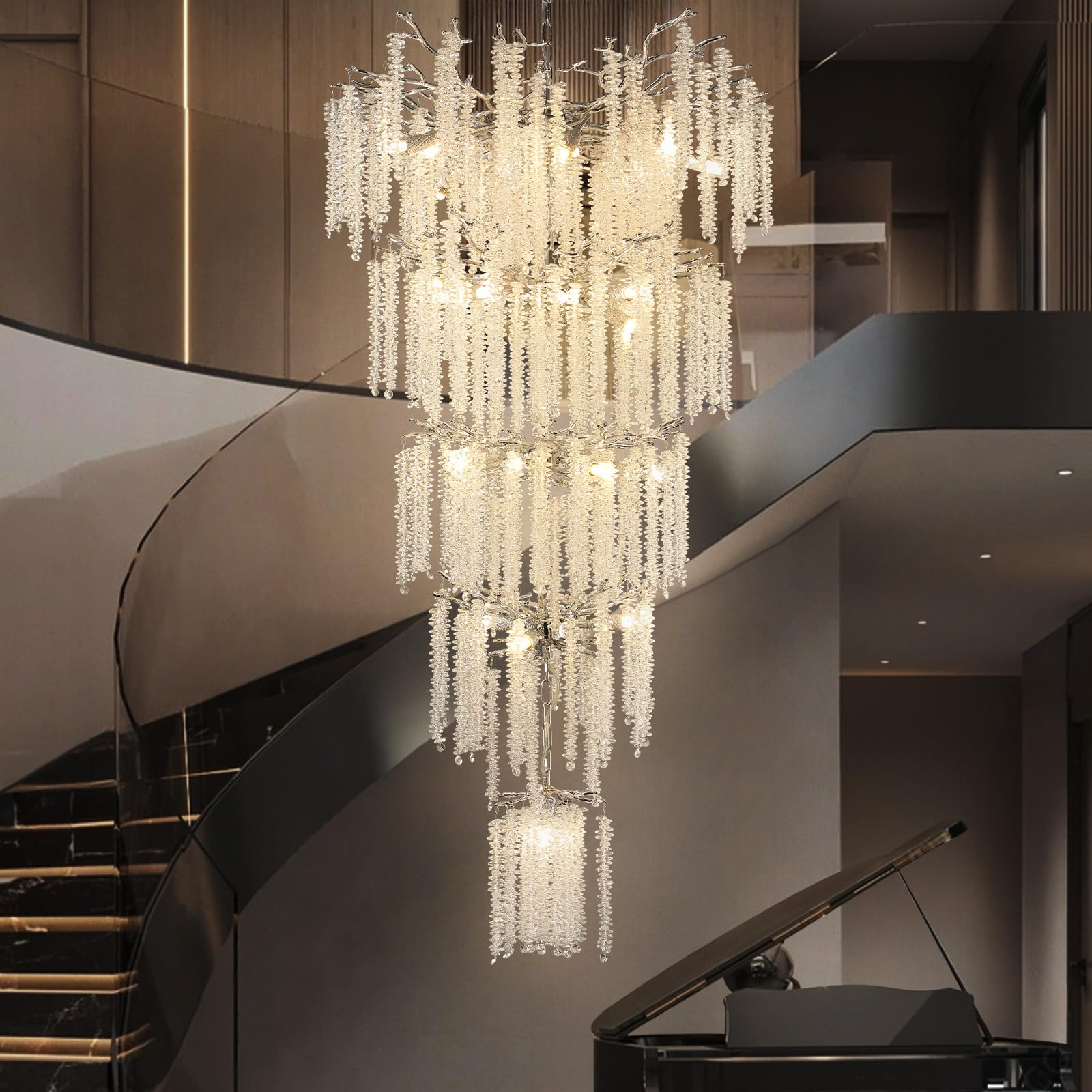 Modern Crystal Chandelier, 47.2" Gold Tree Branch Chandelier for Dining Room, Round Luxury High Ceiling Chandeliers Pendant Light Over Table, Hanging Fixture for Bedroom, Living Room, Kitchen - Camilalamps - B0C99FK75L