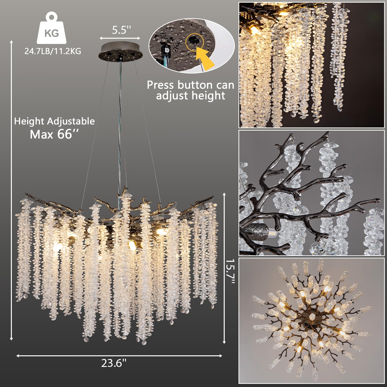 Modern Crystal Chandelier, 47.2" Gold Tree Branch Chandelier for Dining Room, Round Luxury High Ceiling Chandeliers Pendant Light Over Table, Hanging Fixture for Bedroom, Living Room, Kitchen - Camilalamps - B0FBWPQM82