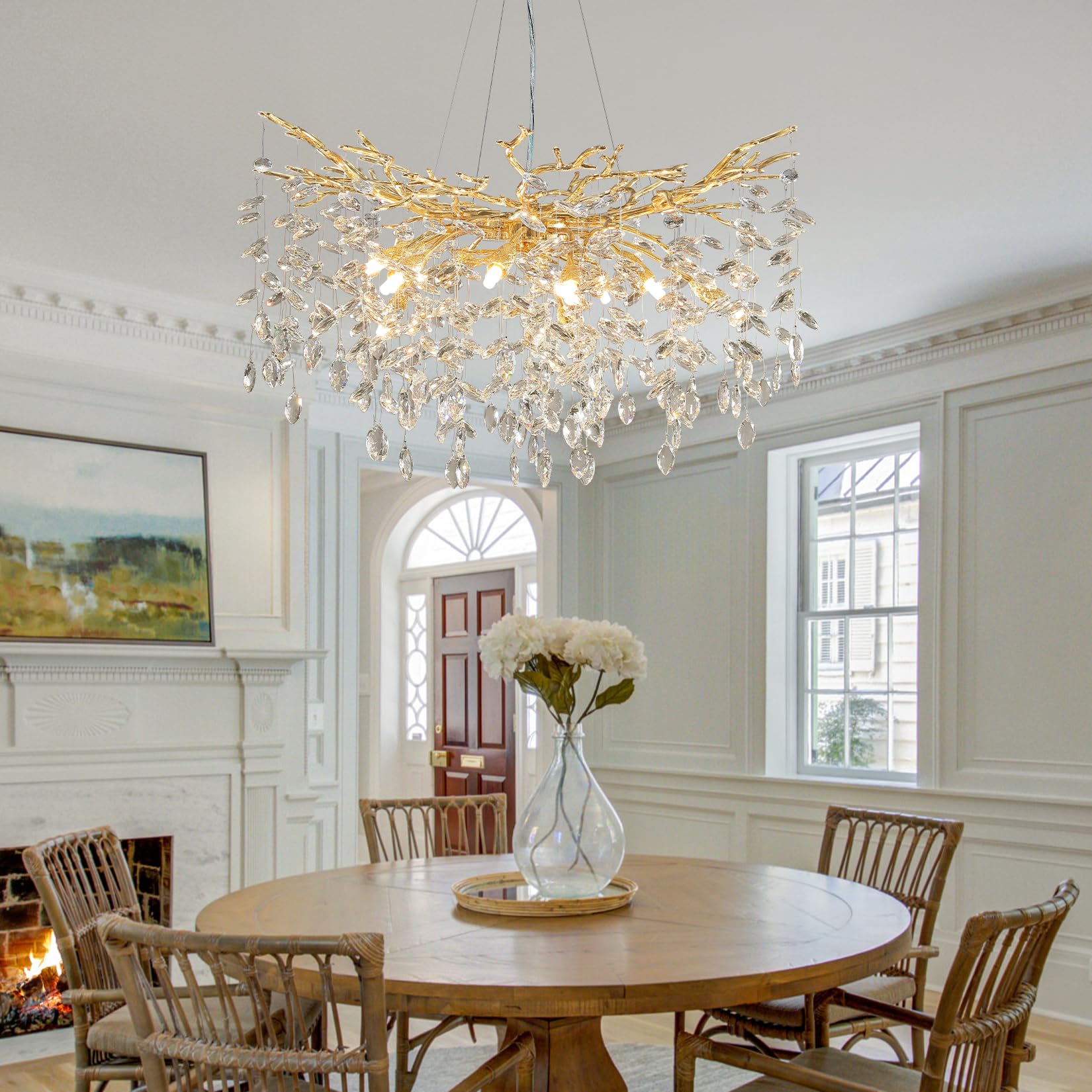 Crystal Chandeliers for Dining Room, 63" Modern Gold Tree Branch Chandelier, 15 - Lights Luxury Rectangular Raindrop Chandelier Light Fixture for Kitchen Island, Living Room, Foyer, High Ceiling - Camilalamps - B0BXNB4WRN