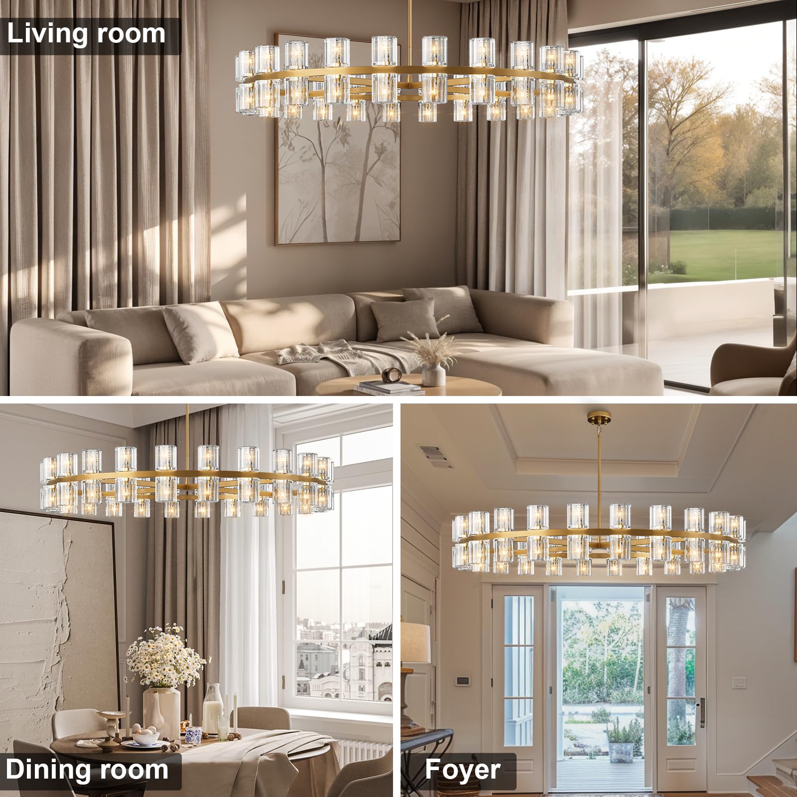 Modern 36" Gold Round Chandelier Light Fixture, K9 Crystal Chandeliers for Dining Room, Living Room, Dining Room Chandeliers Over Table, Chandelier for Bedroom, Foyer, Includes 36XG4 Bulbs - Camilalamps - B0CRGK6RHV