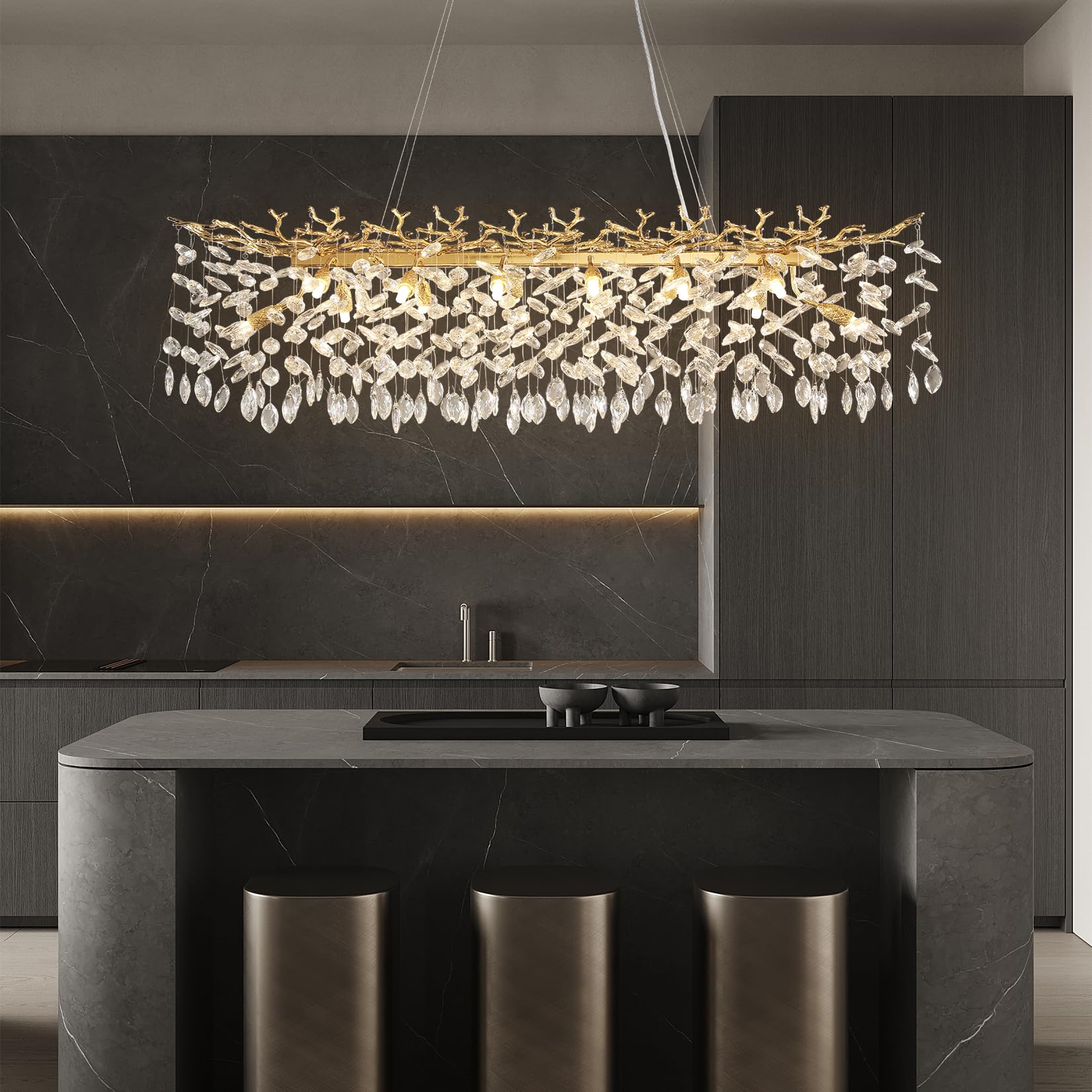Crystal Chandeliers for Dining Room, 63" Modern Gold Tree Branch Chandelier, 15 - Lights Luxury Rectangular Raindrop Chandelier Light Fixture for Kitchen Island, Living Room, Foyer, High Ceiling - Camilalamps - B0BXNB4WRN