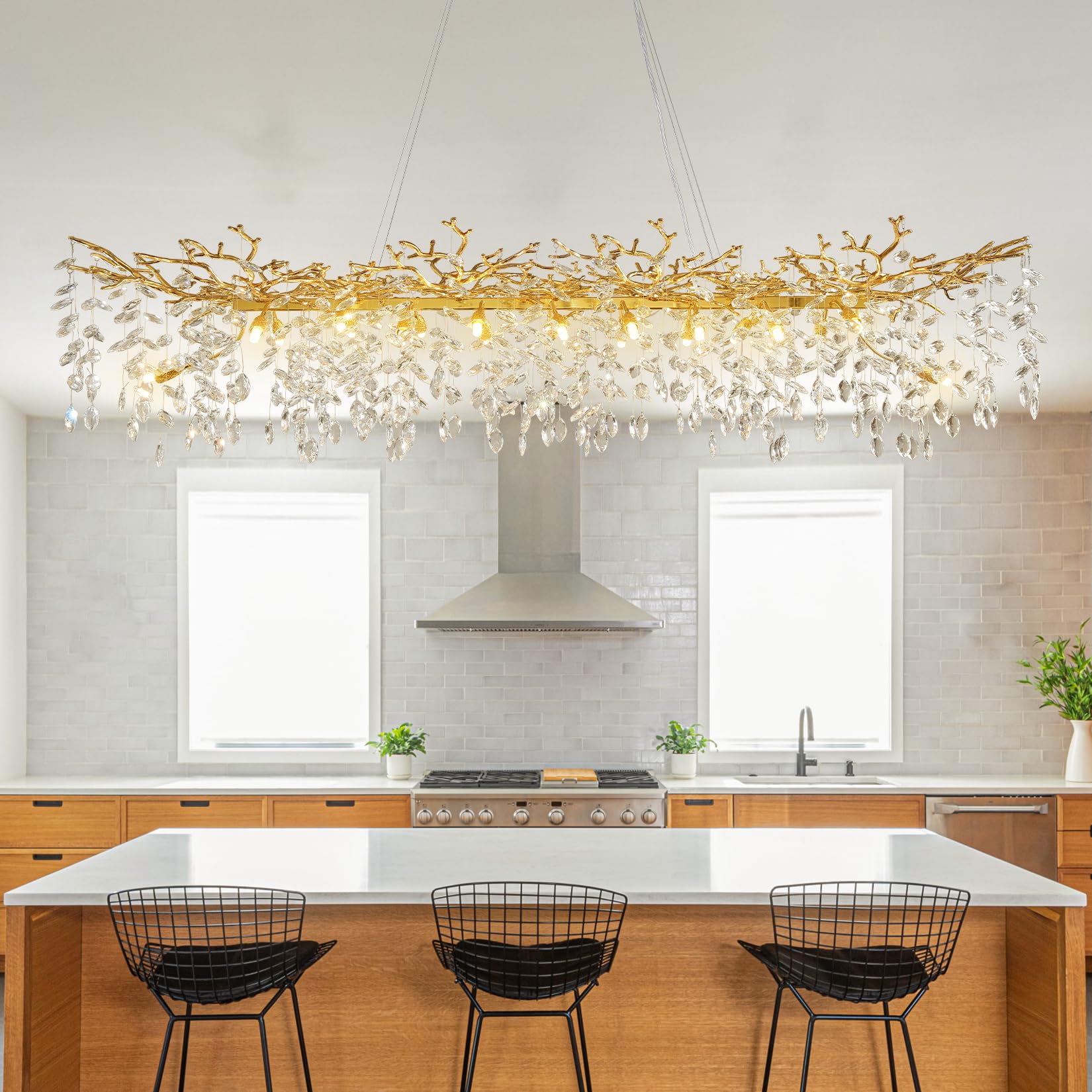Crystal Chandeliers for Dining Room, 63" Modern Gold Tree Branch Chandelier, 15 - Lights Luxury Rectangular Raindrop Chandelier Light Fixture for Kitchen Island, Living Room, Foyer, High Ceiling - Camilalamps - B0DNZGPRBG