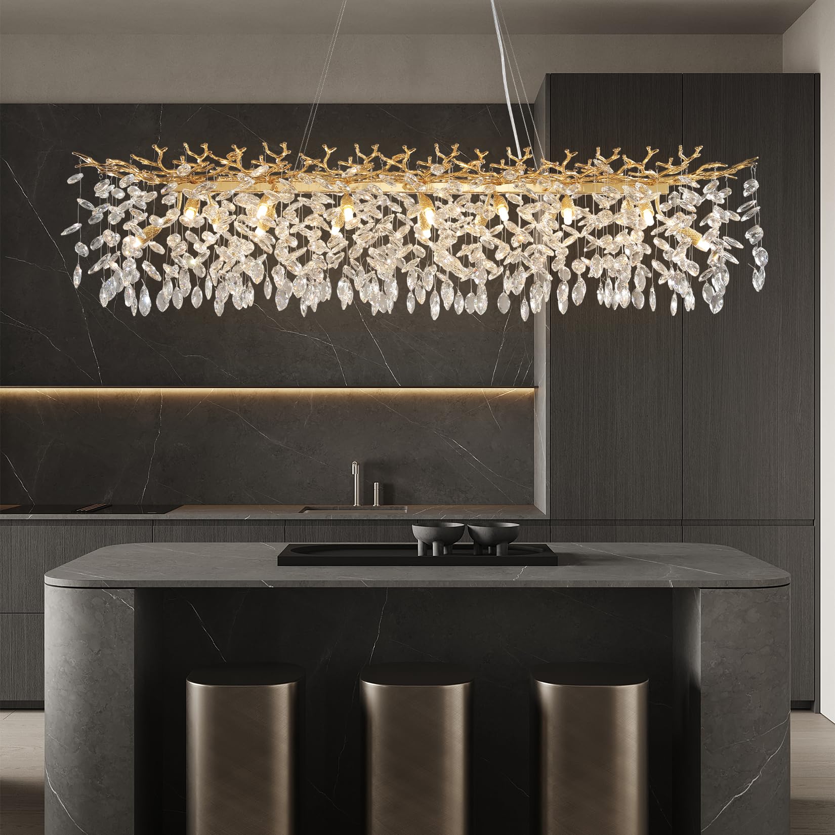 Crystal Chandeliers for Dining Room, 63" Modern Gold Tree Branch Chandelier, 15 - Lights Luxury Rectangular Raindrop Chandelier Light Fixture for Kitchen Island, Living Room, Foyer, High Ceiling - Camilalamps - B0BXNB4WRN